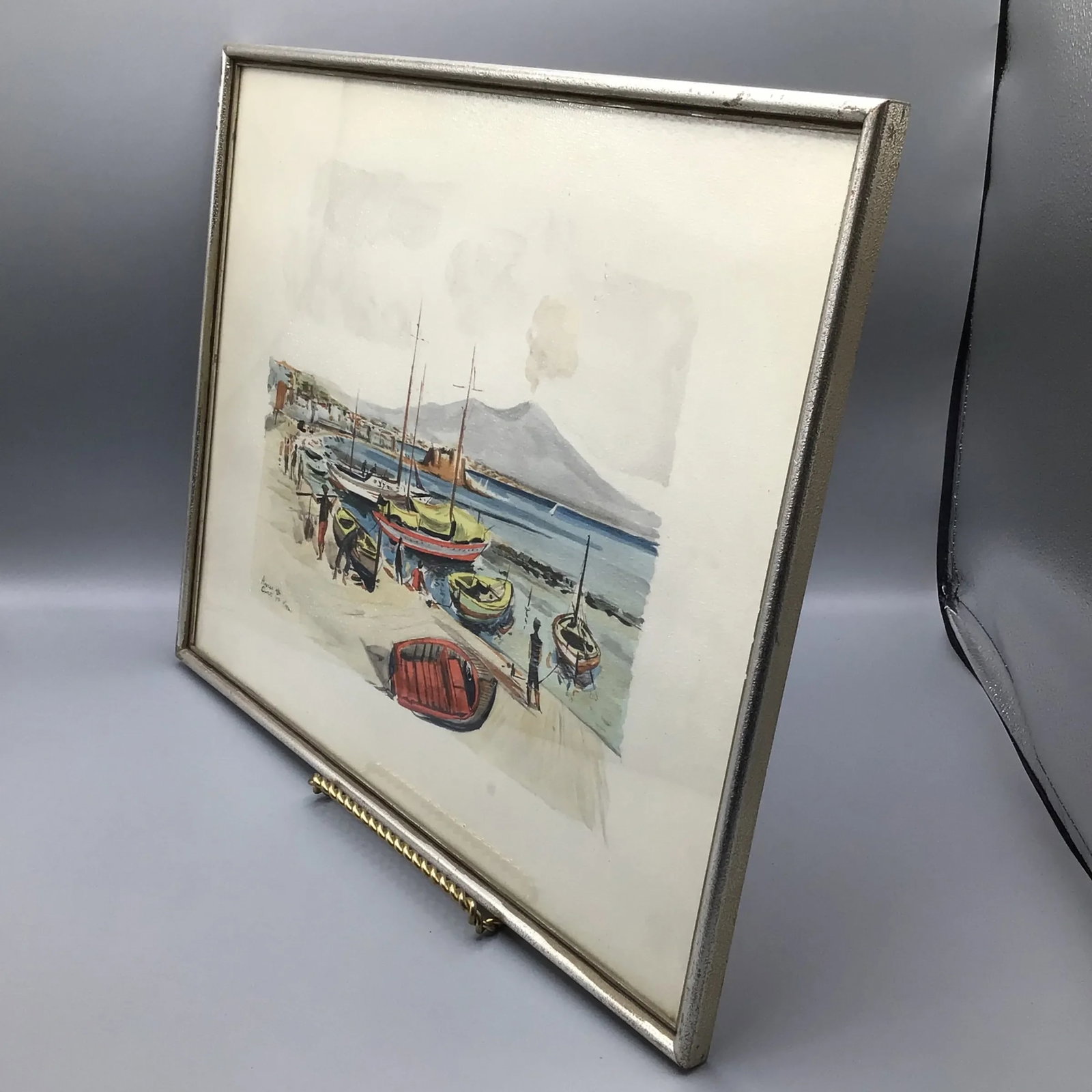1952 Andrea Curti Framed Napoli Signed Watercolor Fishing Village Scene - 2