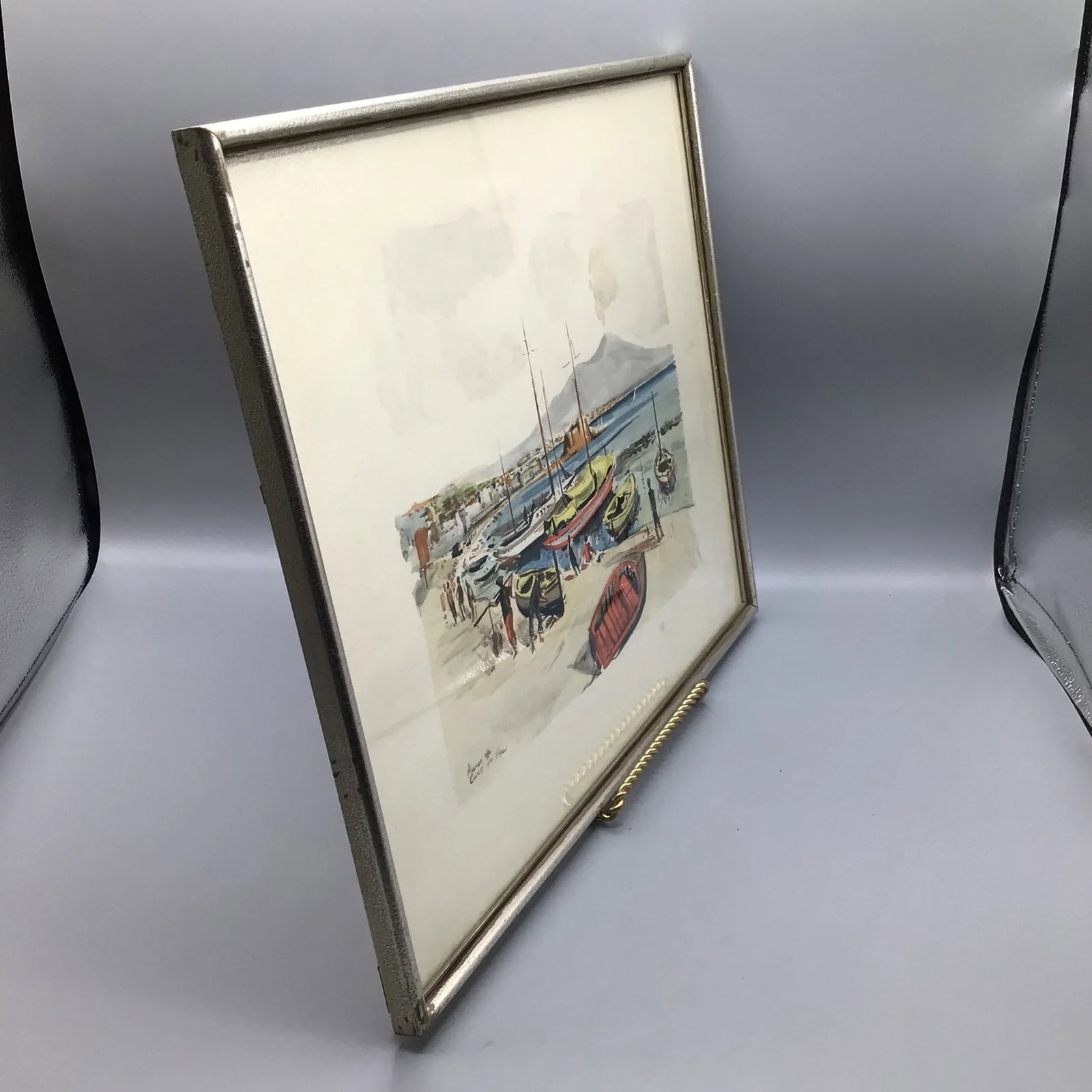1952 Andrea Curti Framed Napoli Signed Watercolor Fishing Village Scene - 6
