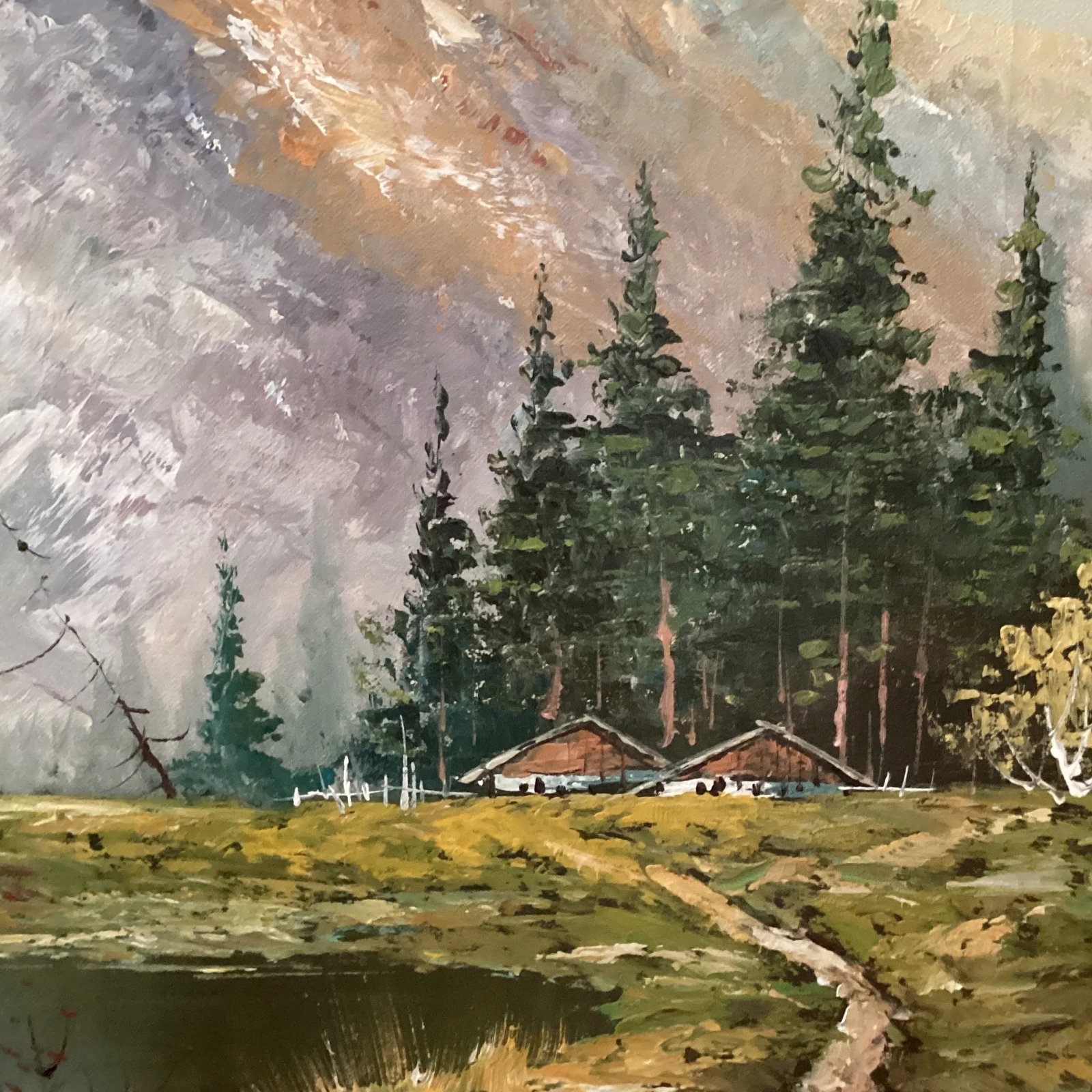 Original Painting of a Mountain Landscape with Lake and Evergreen Trees Signed Framed - 6
