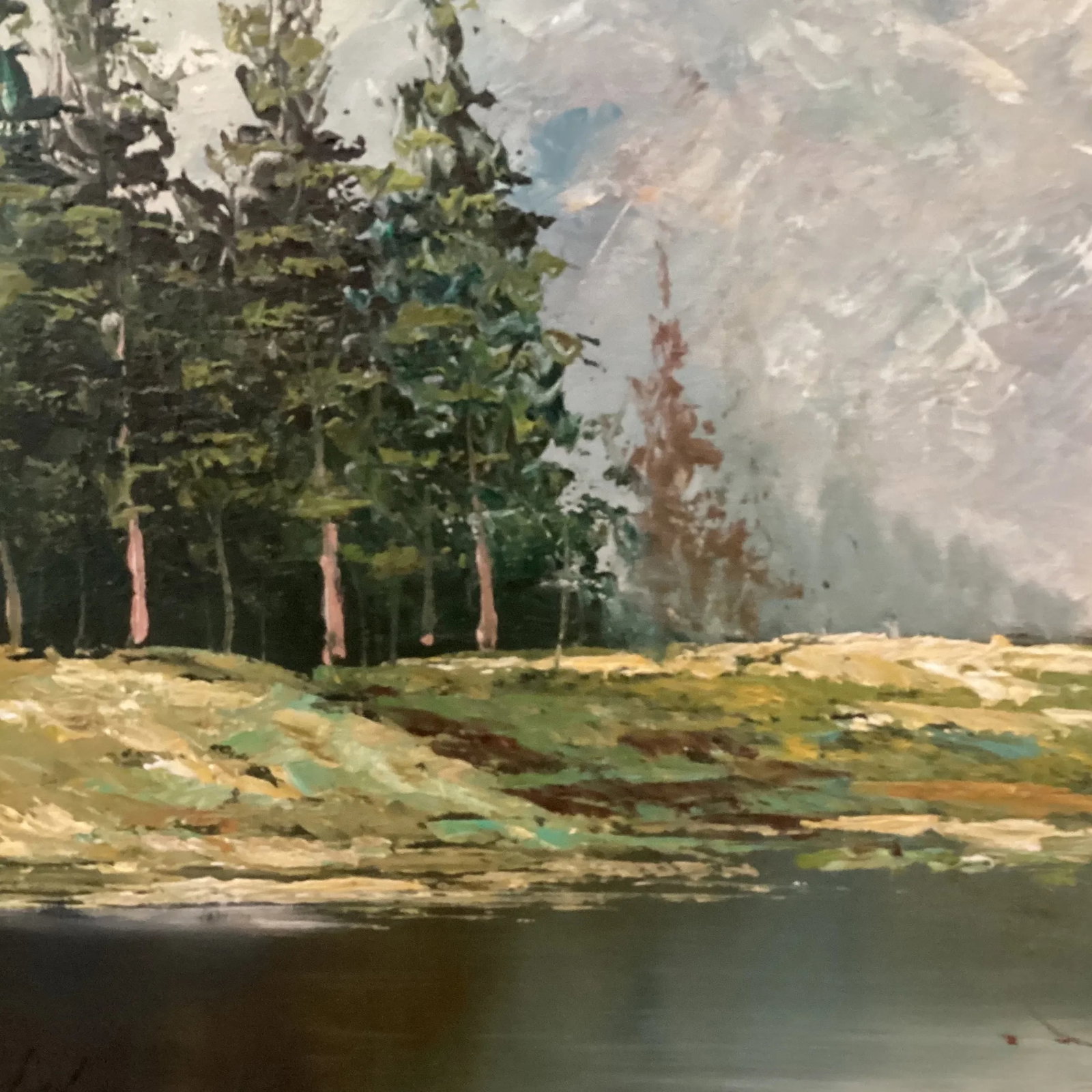 Original Painting of a Mountain Landscape with Lake and Evergreen Trees Signed Framed - 9
