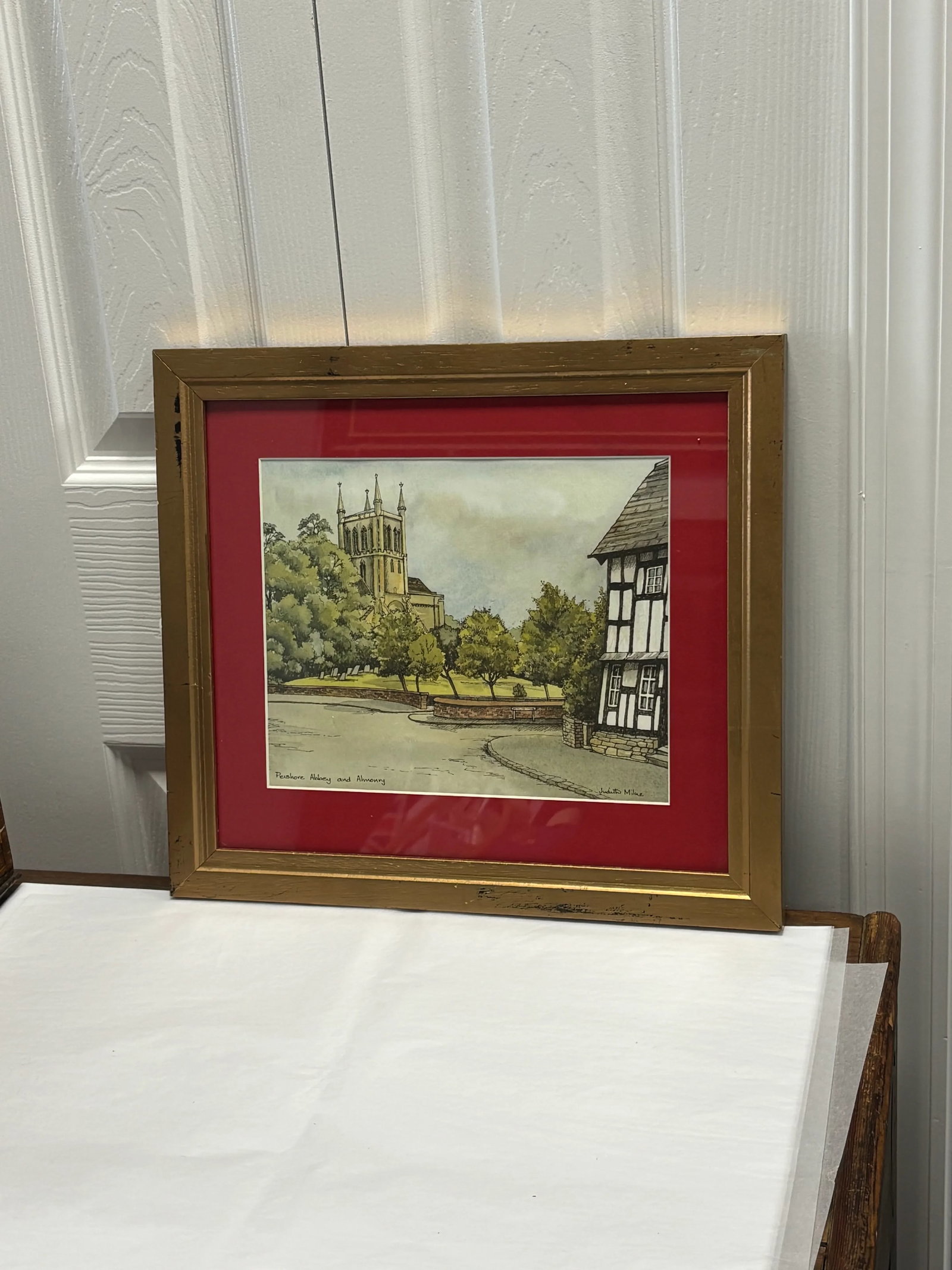 Vintage Framed Signed English Village Scene Pershore Abbey and Almonry - 2