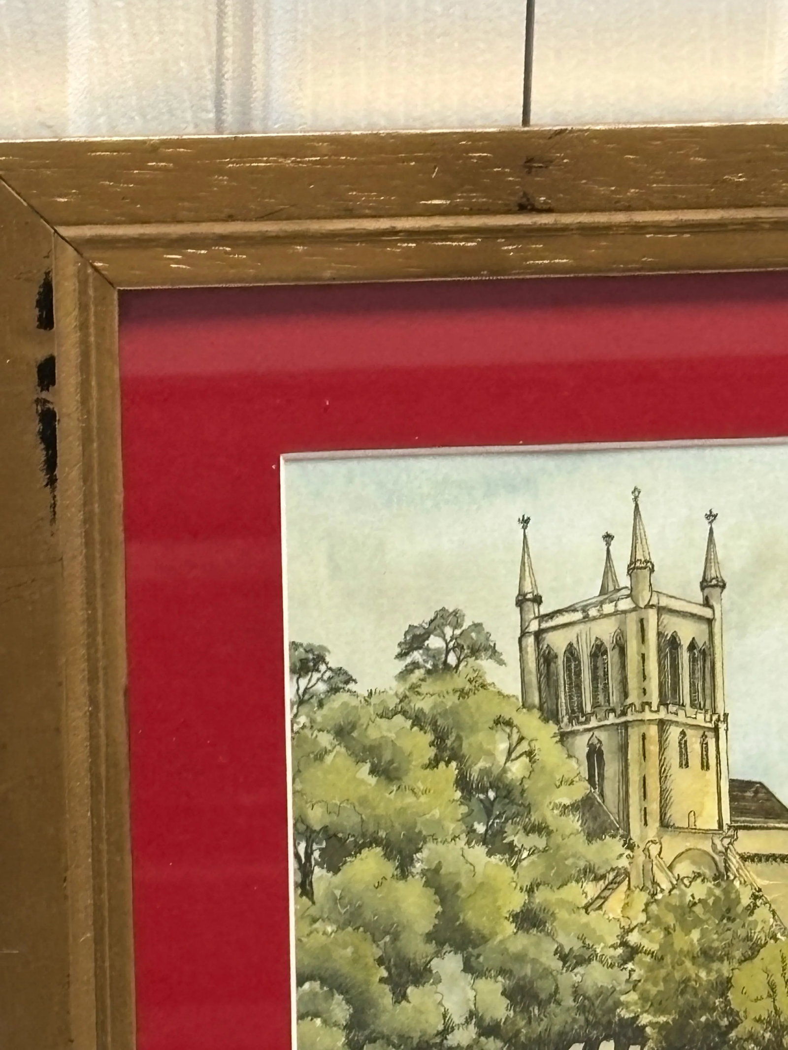Vintage Framed Signed English Village Scene Pershore Abbey and Almonry - 3