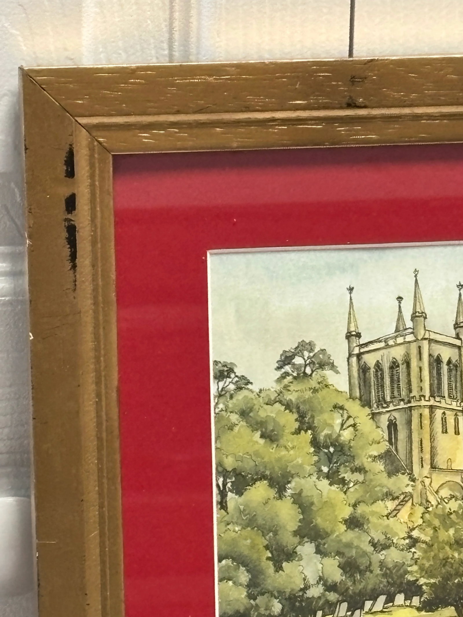 Vintage Framed Signed English Village Scene Pershore Abbey and Almonry - 4