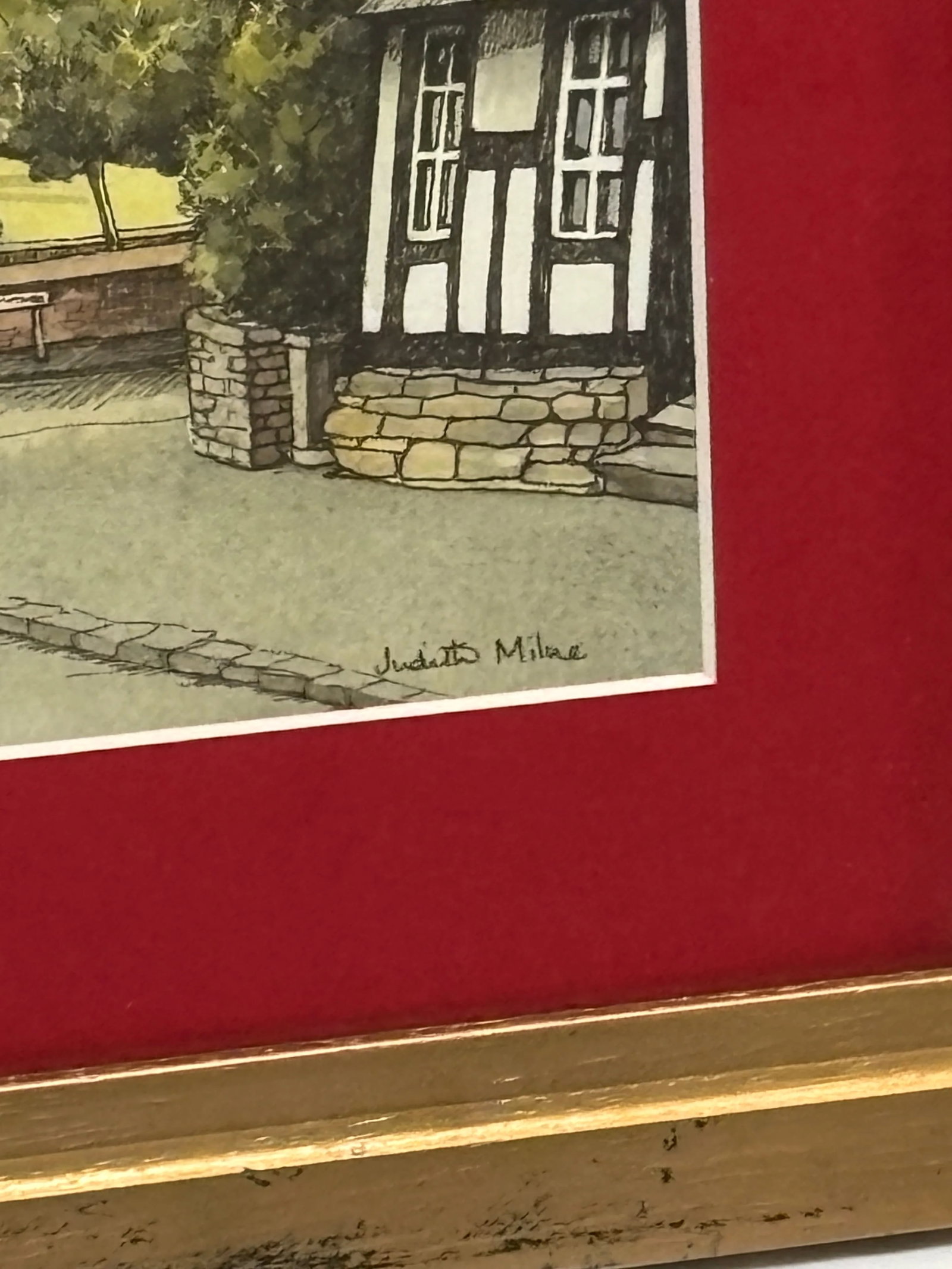 Vintage Framed Signed English Village Scene Pershore Abbey and Almonry - 6