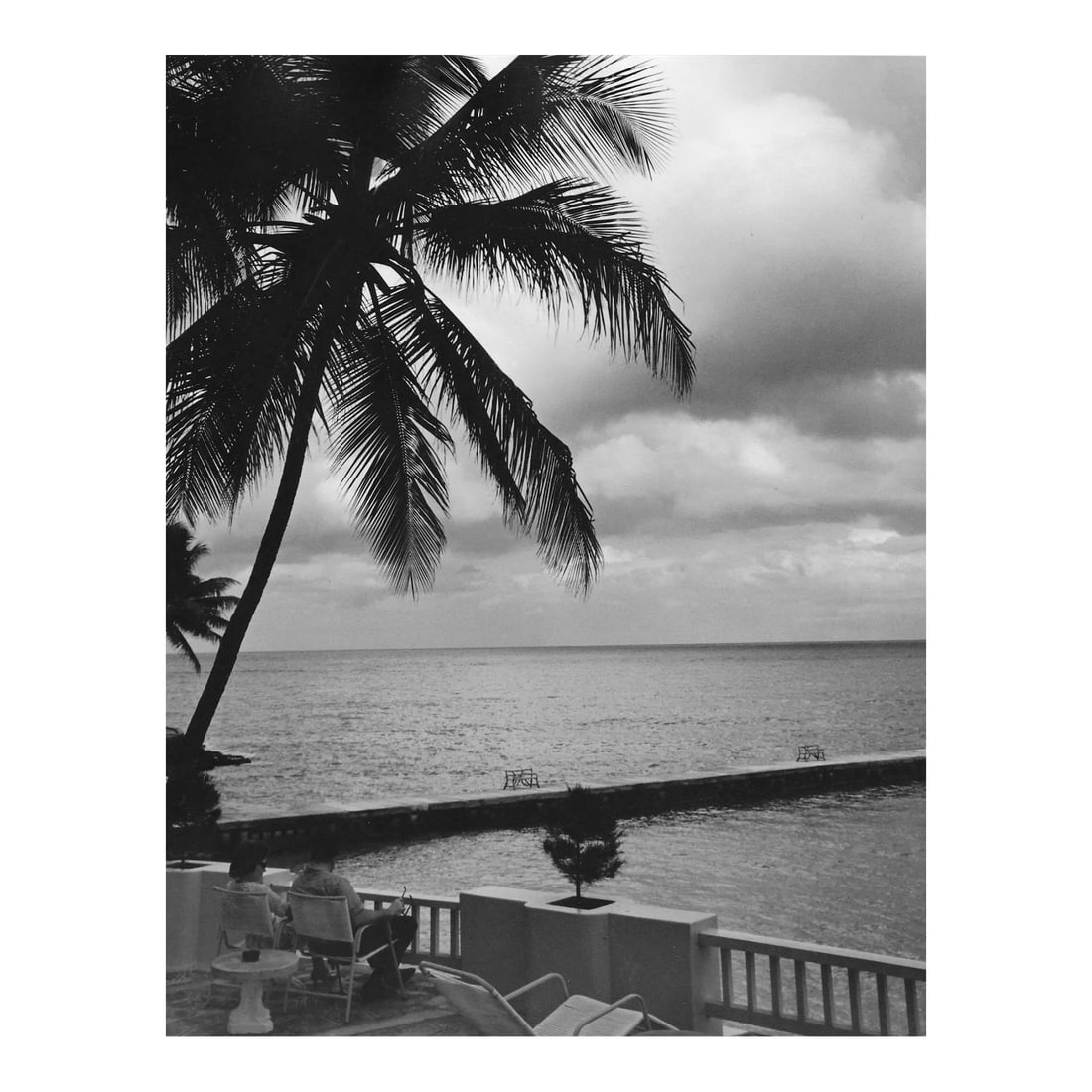1966 Don Ware Ocho Rios Jamaica Tropical Photograph: 1966 black & white photo by Los Angeles, California photographer Don Coleman Ware (2021-2006) of a beach view from the port town of Ocho Rios in Jamaica. Titled, dated and bearing Ware's studio stamp