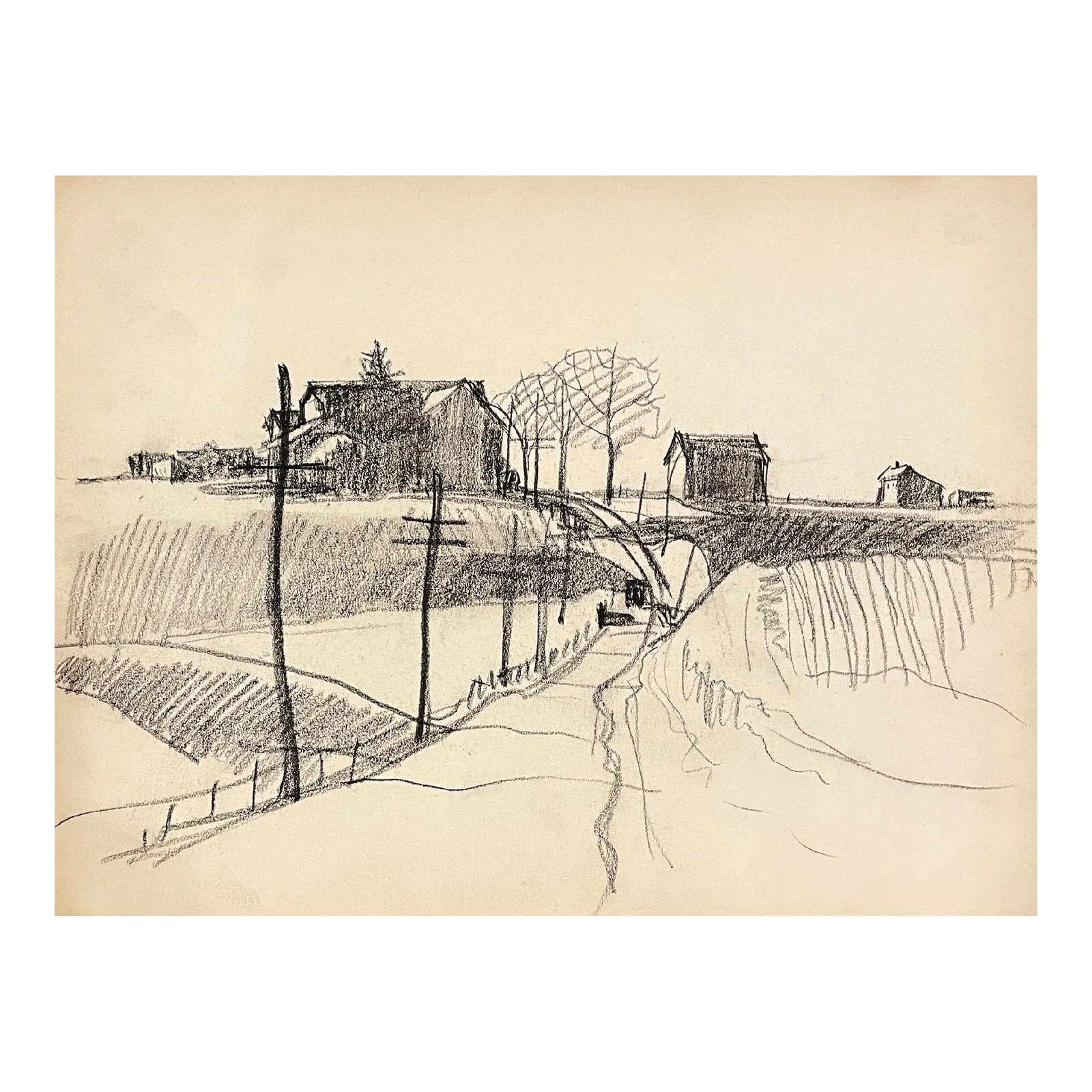 1940s Norman Kent Country Road & Farm Drawing: Born in Pittsburgh, American artist Norman Kent (1903 - 1972) attended the Rochester Institute and trained at the Art Students League in New York under Leftwich Dodge. He learned the art of the