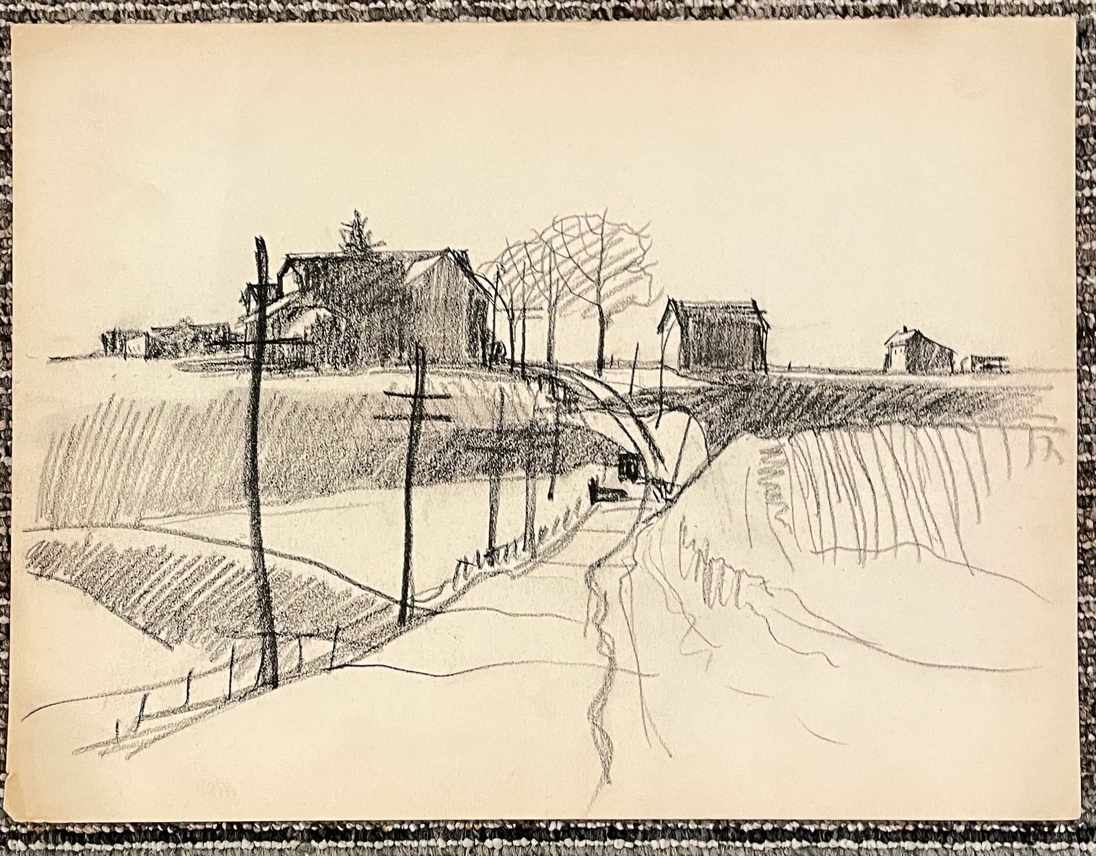 1940s Norman Kent Country Road & Farm Drawing - 2