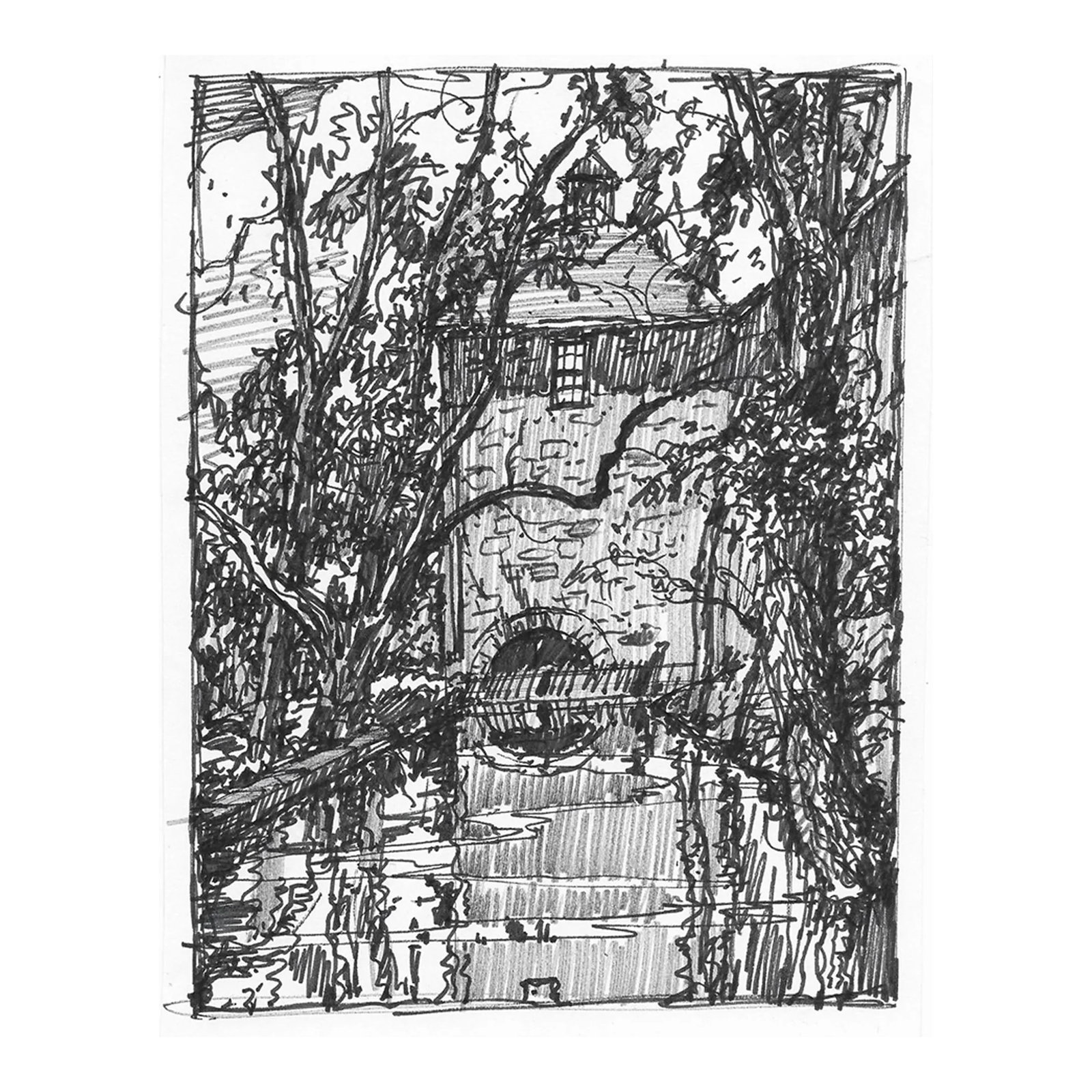 1950s Norman Kent Mill and Canal Drawing: Drawing of a New England mill on paper. Born in Pittsburgh, American artist Norman Kent (1903 - 1972) attended the Rochester Institute and trained at the Art Students League in New York under