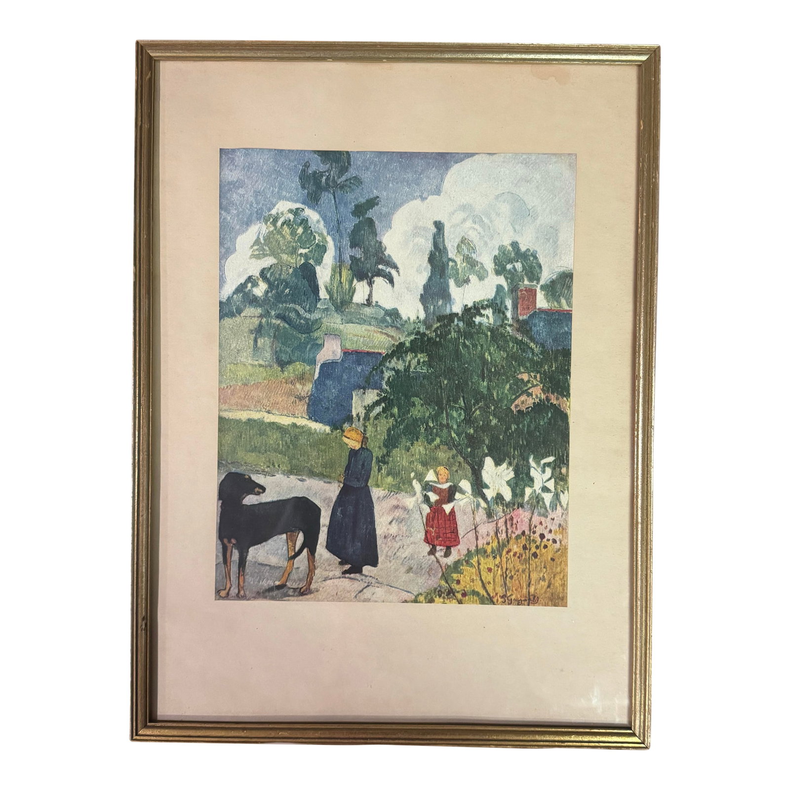 Paul Gauguin "Among the Lilies" Offset Lithograph.: 1950's lithograph print of Paul Gauguin , (1848-1903), a French Post-Impressionist artist "Among the Lilies" . Print measures 8"x 10" set inside 11.5"x 15.5" thin gold wood frame. Print is centered
