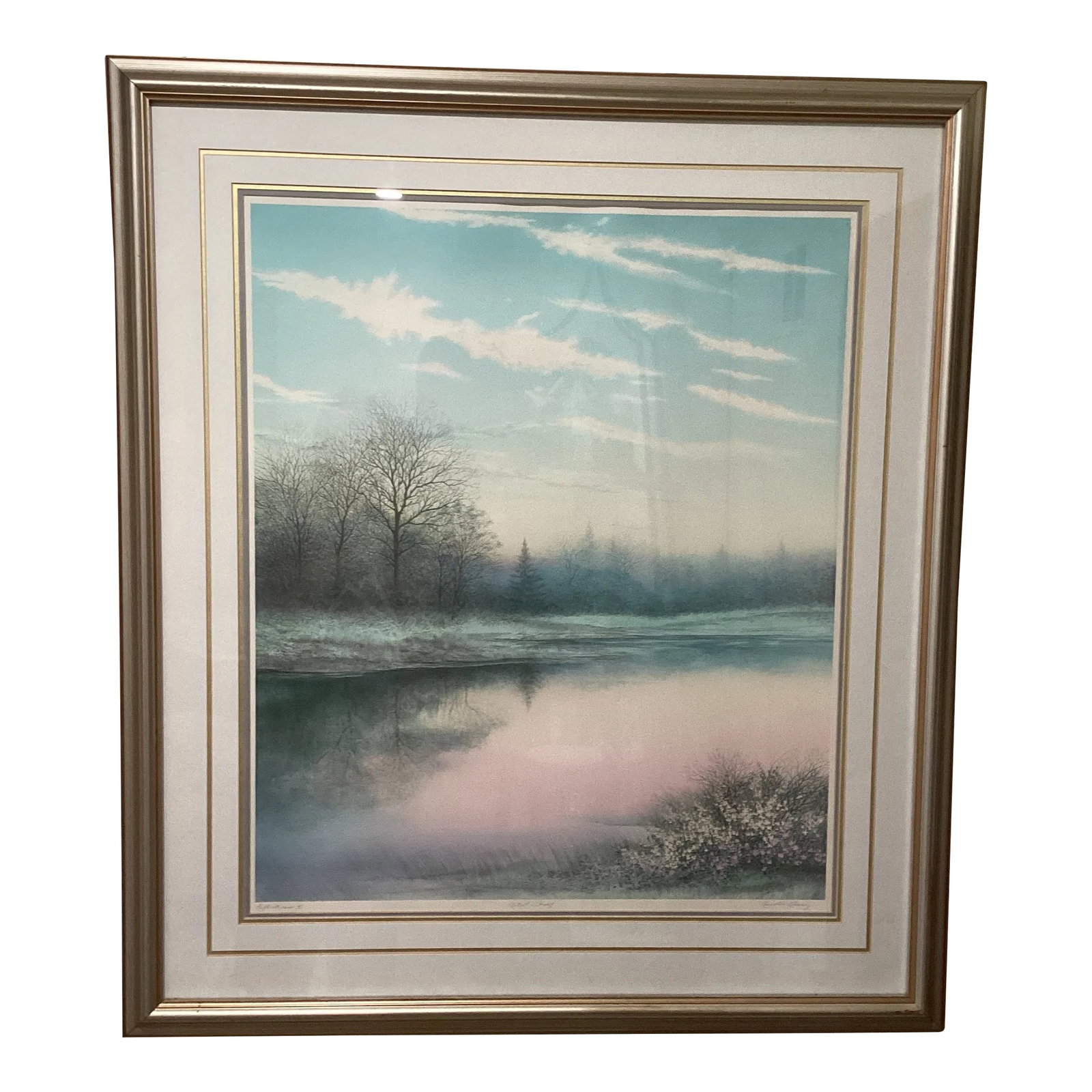 Vintage Original Lithograph Print " Reflection II " by Arnold Alaniz Signed: Embrace the tranquil beauty of nature with Arnold Alaniz's original lithograph, "Reflection II." This large print, steeped in the richness of realism and modernism, illustrates a serene landscape