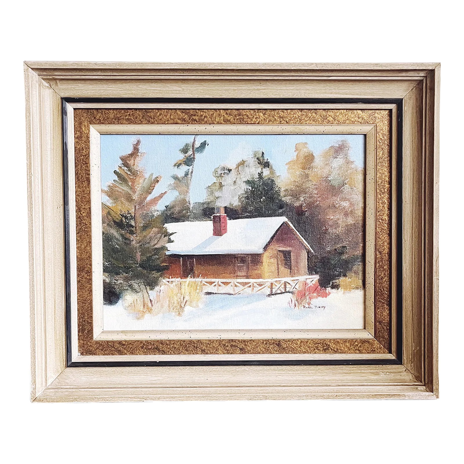 Vintage Mid-Century Original Signed Oil Painting - Snowy House Scene: Vintage signed original oil painting of a snowy house scene. Framed in a wooden frame. Signed by the artist. Lovely condition, there is a wire for hanging on the back. 17" width x 13.75" height