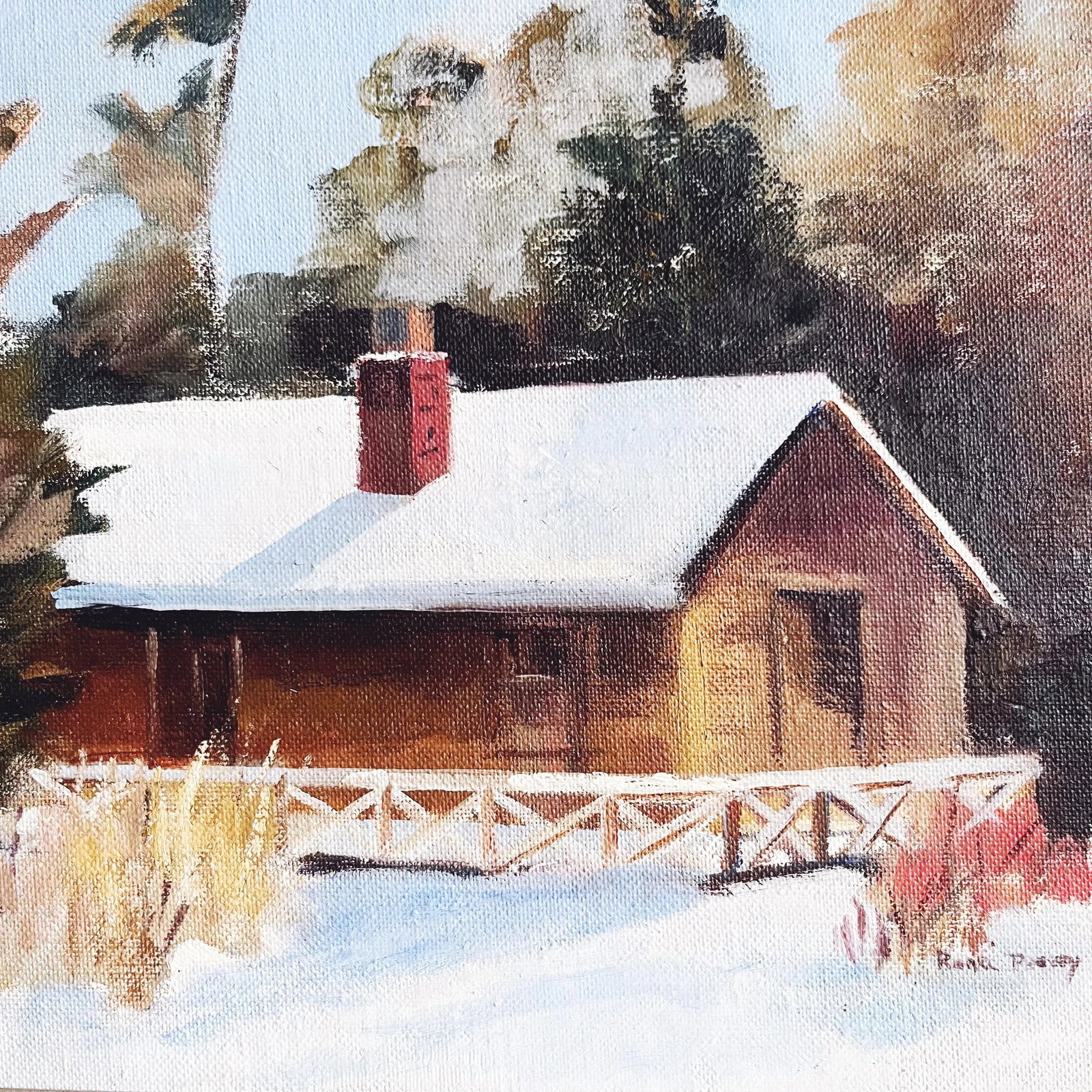 Vintage Mid-Century Original Signed Oil Painting - Snowy House Scene - 2