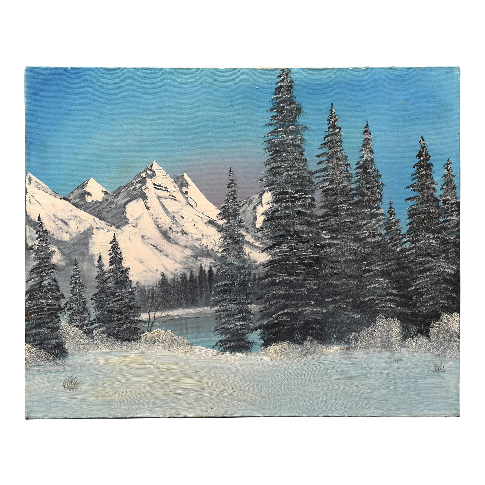 1970s Winter Serenity Oil Painting: This serene winter landscape painting captures the beauty of a snow-covered mountain range and a tranquil lake. The artist employs a palette of cool colors, with the crisp white snow contrasting
