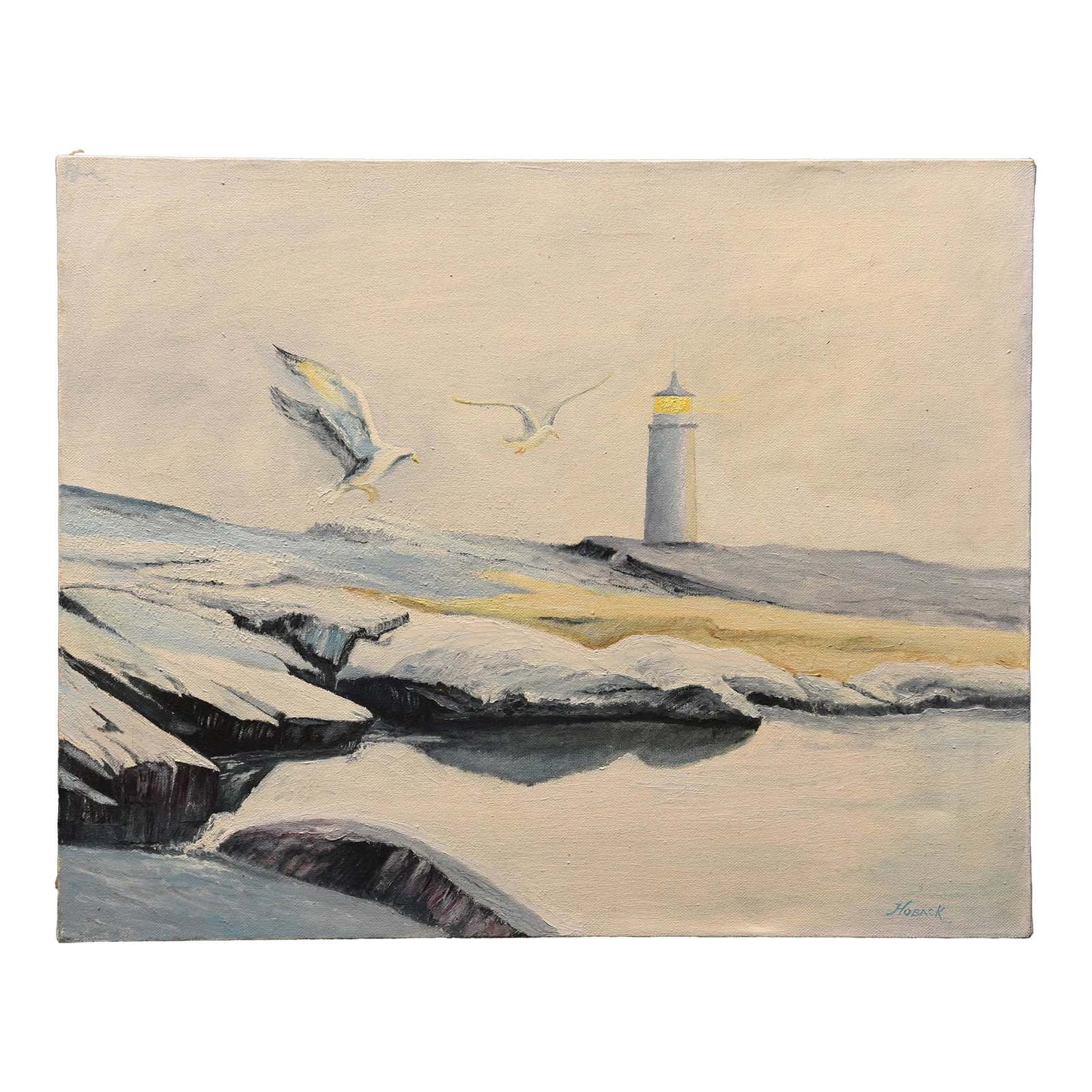 1970s Lighthouse Haven Oil on Canvas: This serene coastal scene by Hoback captures the tranquility of a lighthouse bathed in the soft glow of evening light. The lighthouse, standing tall against the misty horizon, casts a warm beam of