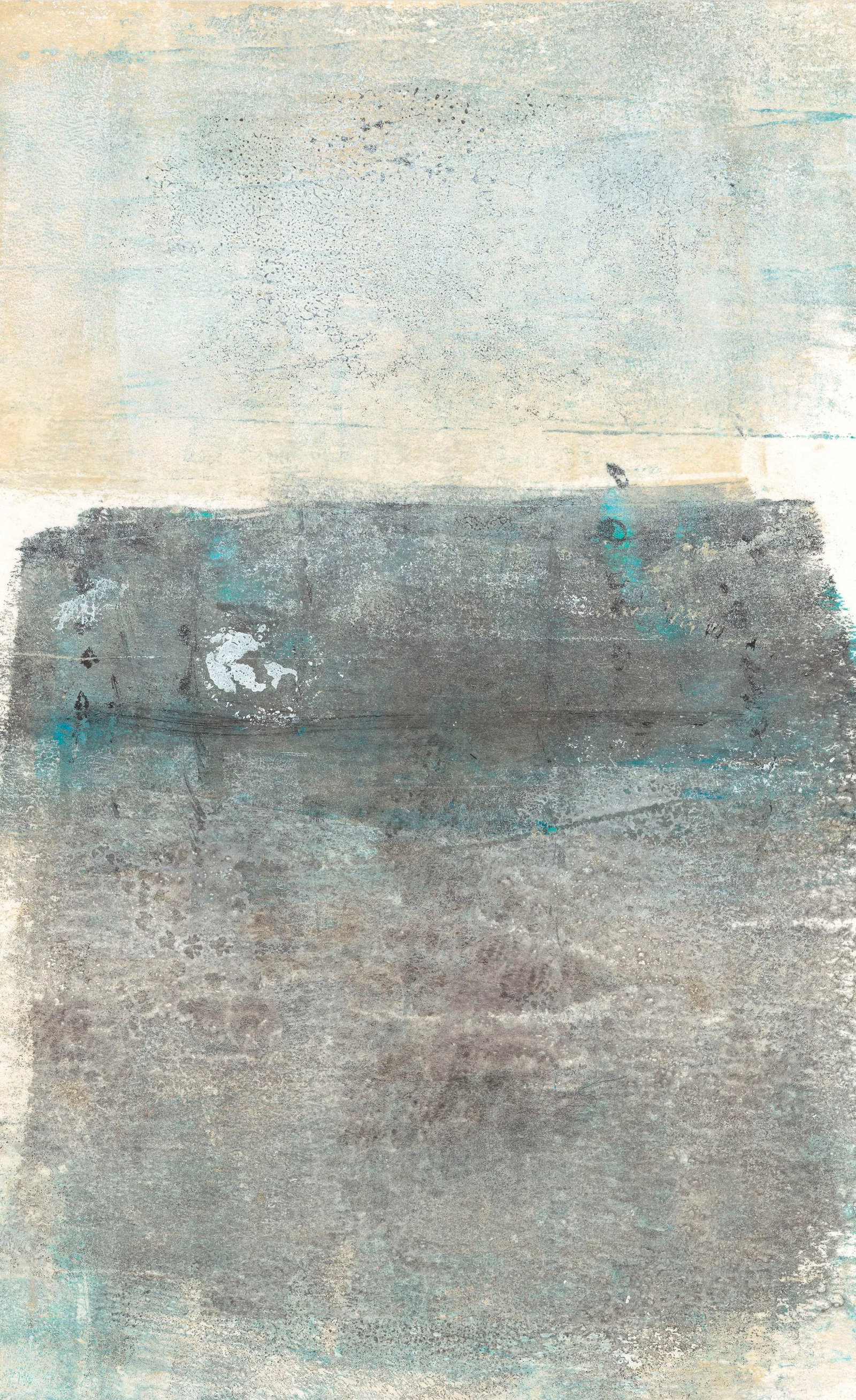 Mesas-05 4*6 Original Abstract Landscape Monoprint Grey Blue Almond by Carrie Bergey: American Artist Carrie Bergey's art invites us to her creative and meditative play space. As a traveler drawn to the mystery of the unreachable horizon line, Bergey creates each piece with a unique