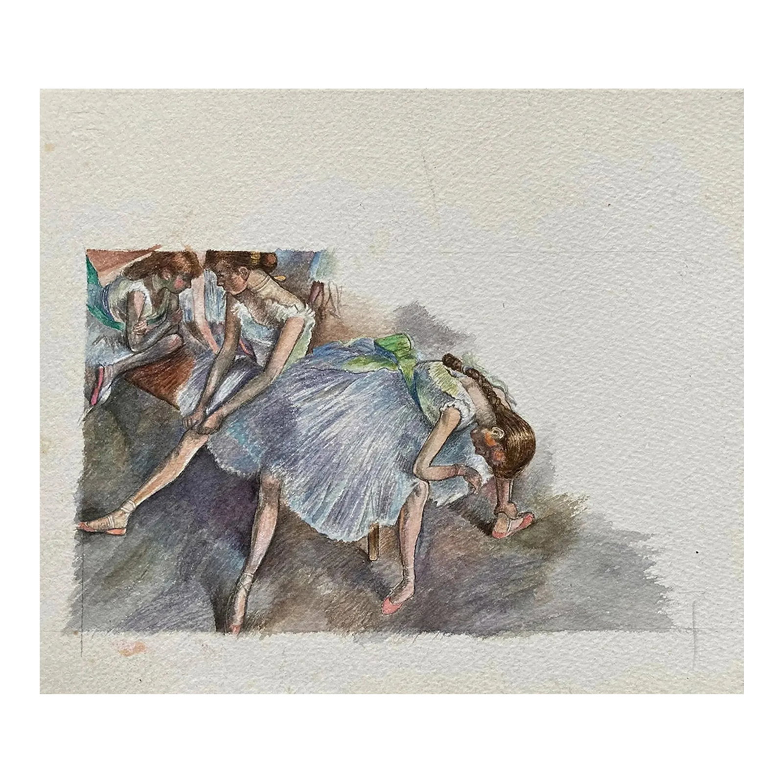 Ballet Dancers Resting, Original Watercolor, Reminiscent of Degas: We added this superb Degas-like watercolor to our inventory years ago, then it disappeared and has just resurfaced - but without the name of the artist, sadly. At any rate, it is charming in every
