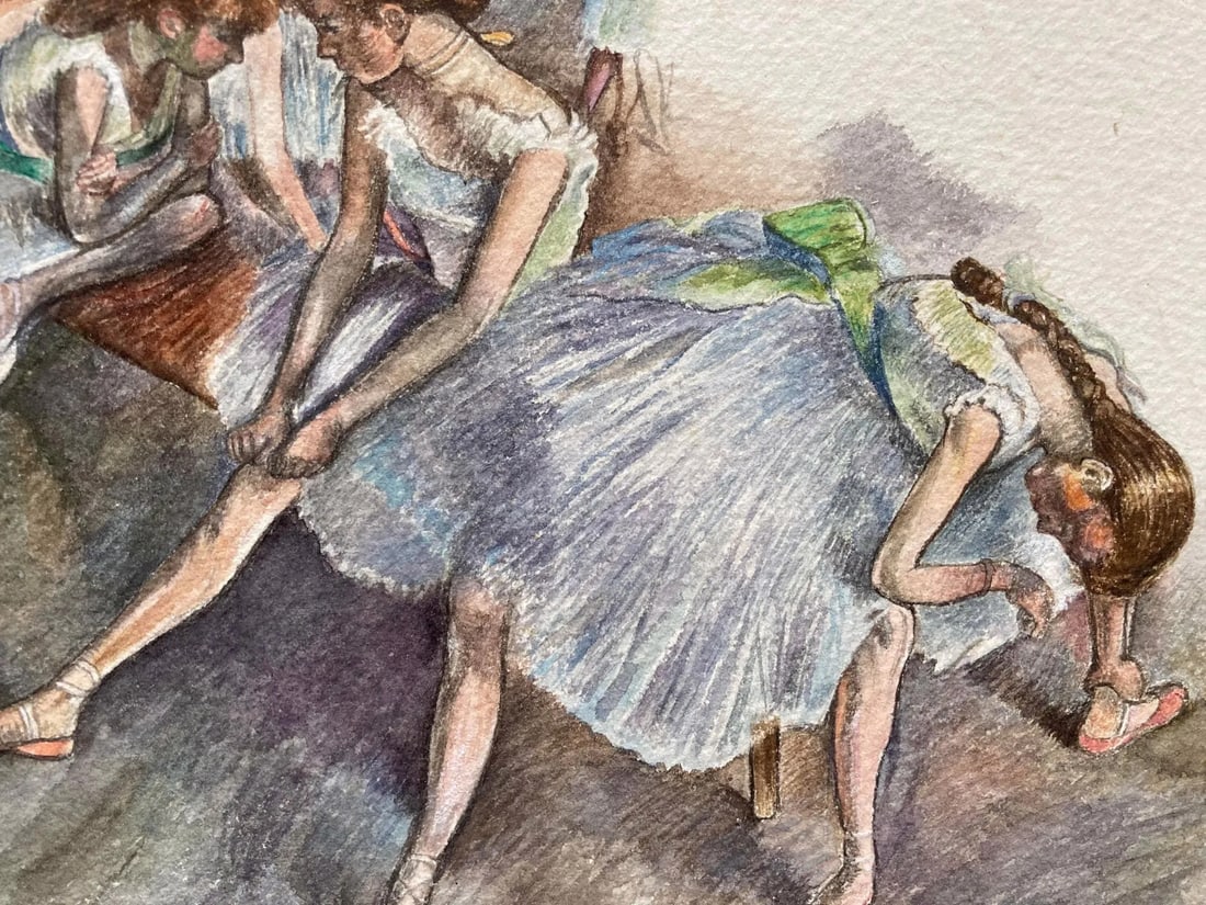 Ballet Dancers Resting, Original Watercolor, Reminiscent of Degas - 2