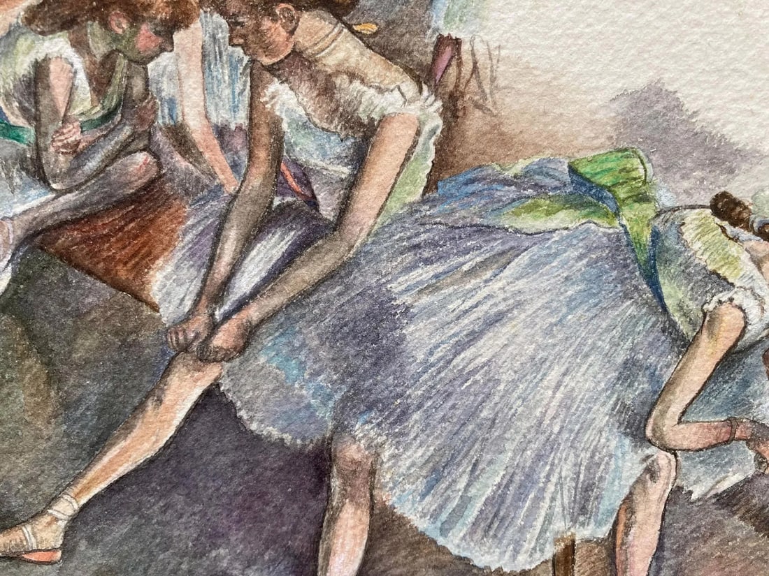 Ballet Dancers Resting, Original Watercolor, Reminiscent of Degas - 3