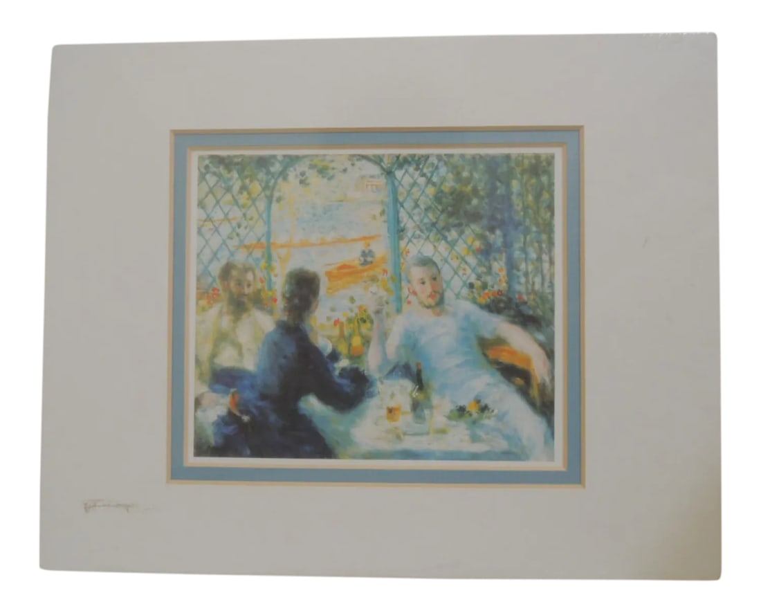 Vintage 1875 "The Rowers Lunch" Oil Painting Reproduction Print Matted by Pierre Auguste Renoir (1 of 6)