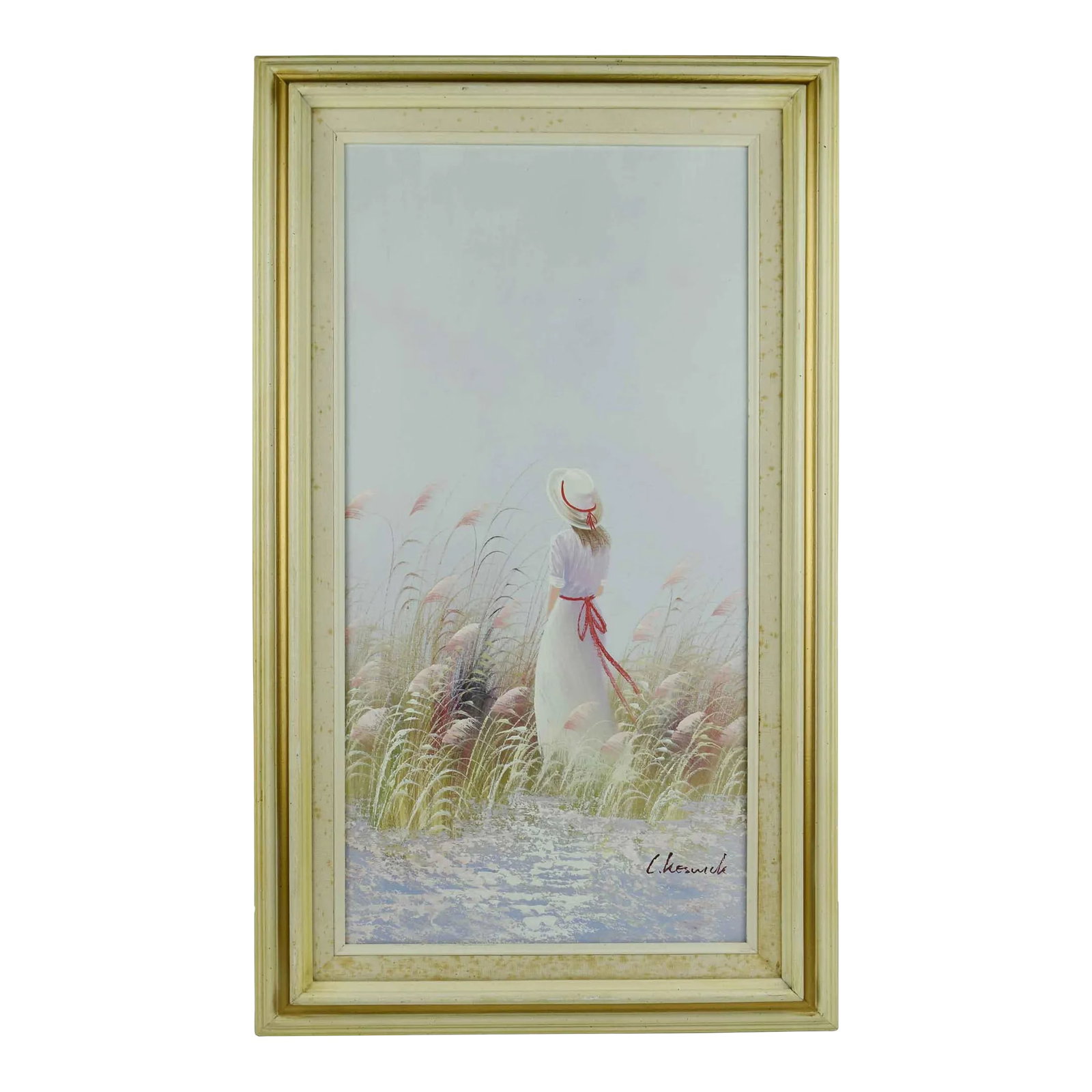Mid 20th Century a Woman in Beach Seaside Oil Painting Signed, Framed: This vintage oil painting captures a serene beachside scene, showcasing the idyllic beauty of the coast. The painting depicts a woman in a white dress and hat, standing amidst tall grasses and gazing