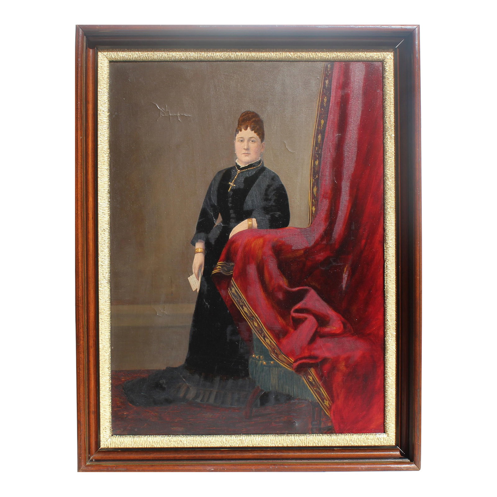 Antique 19 Century Large Oil Painting on Canvas, Female Portrait, Dated 1879, Framed: This is an original, antique 19-century large oil painting on canvas depicting a portrait of a Lady in a long black dress standing near a bright red curtain. The painting overall is in good