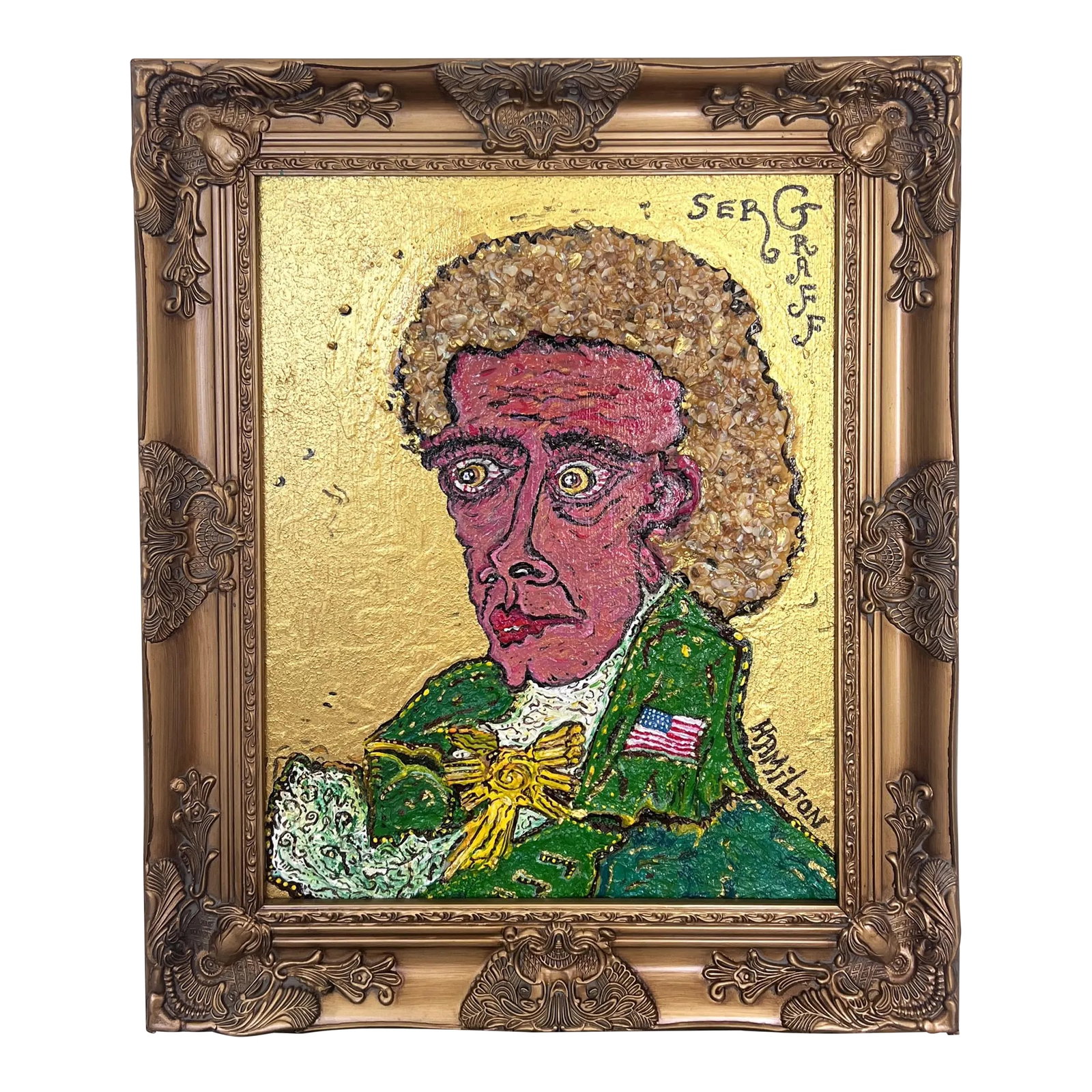Textured Painting on Canvas by Serg Graff "Portrait of Alexander Hamilton", Coa, Framed: This bold and eccentric acrylic mixed-media portrait of Alexander Hamilton reimagines the Founding Father with expressive, exaggerated features and a striking color palette. The figure is set against