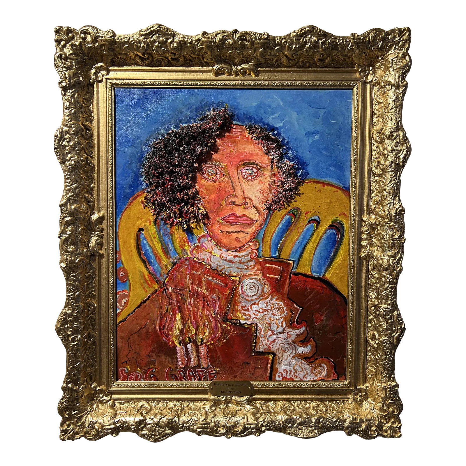Original Painting on Canvas, "Fiery George Washington" by Serg Graff, Coa: This is a rare unique original acrylic/mixed media painting on canvas in a naive primitivism style depicting George Washington (1732-1799) - the Founding Father of the United States. This painting, a