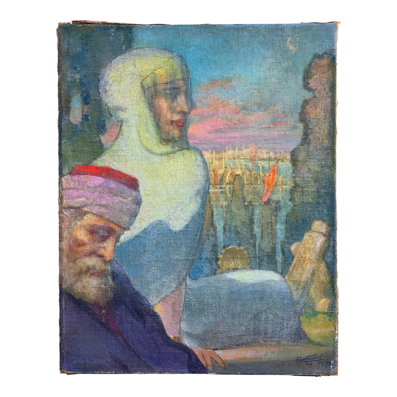 Antique French Oil Painting : 1920's Antique French Oil Painting "Orientale" With Rich, Colorful Tex: A large colorful original oil painting on canvas from Paris 1927 by Kanteranny that has an exhuberant yet serene vibe. 36" by 29" wide. Original stretcher frame about 1" deep. No frame . Thick