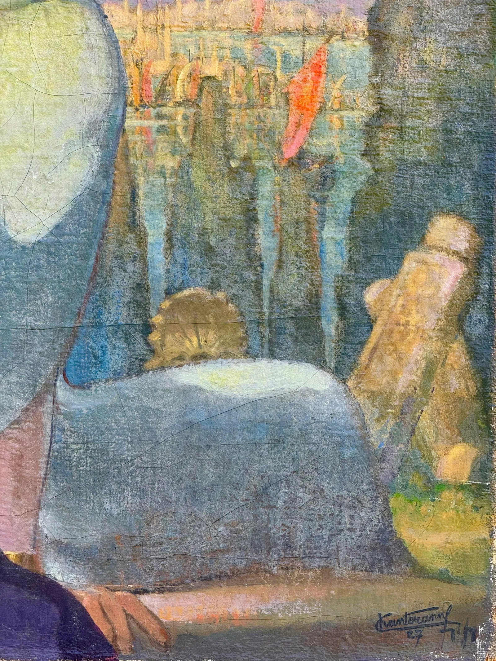Antique French Oil Painting : 1920's Antique French Oil Painting "Orientale" With Rich, Colorful Tex - 5