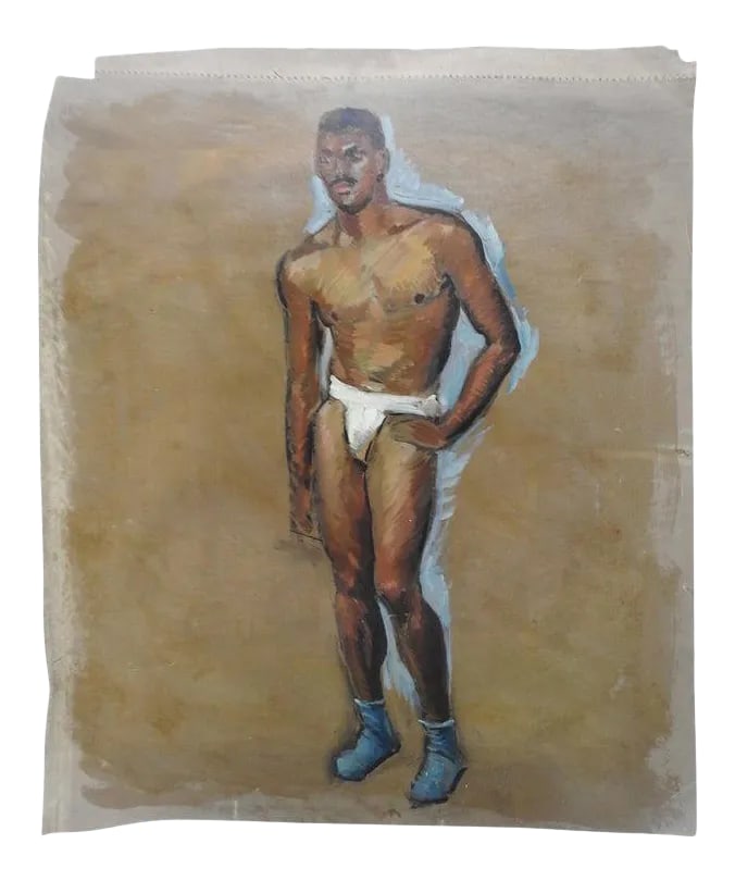 Mid 20th Century Robert Whitmore Oil Painting of Male Model: This is an exquisite oil painting on unstretched canvas by listed artist Robert Whitmore (American; 1890-1979), dated early to mid-20th century. The piece depicts the gestural portrait of a partially