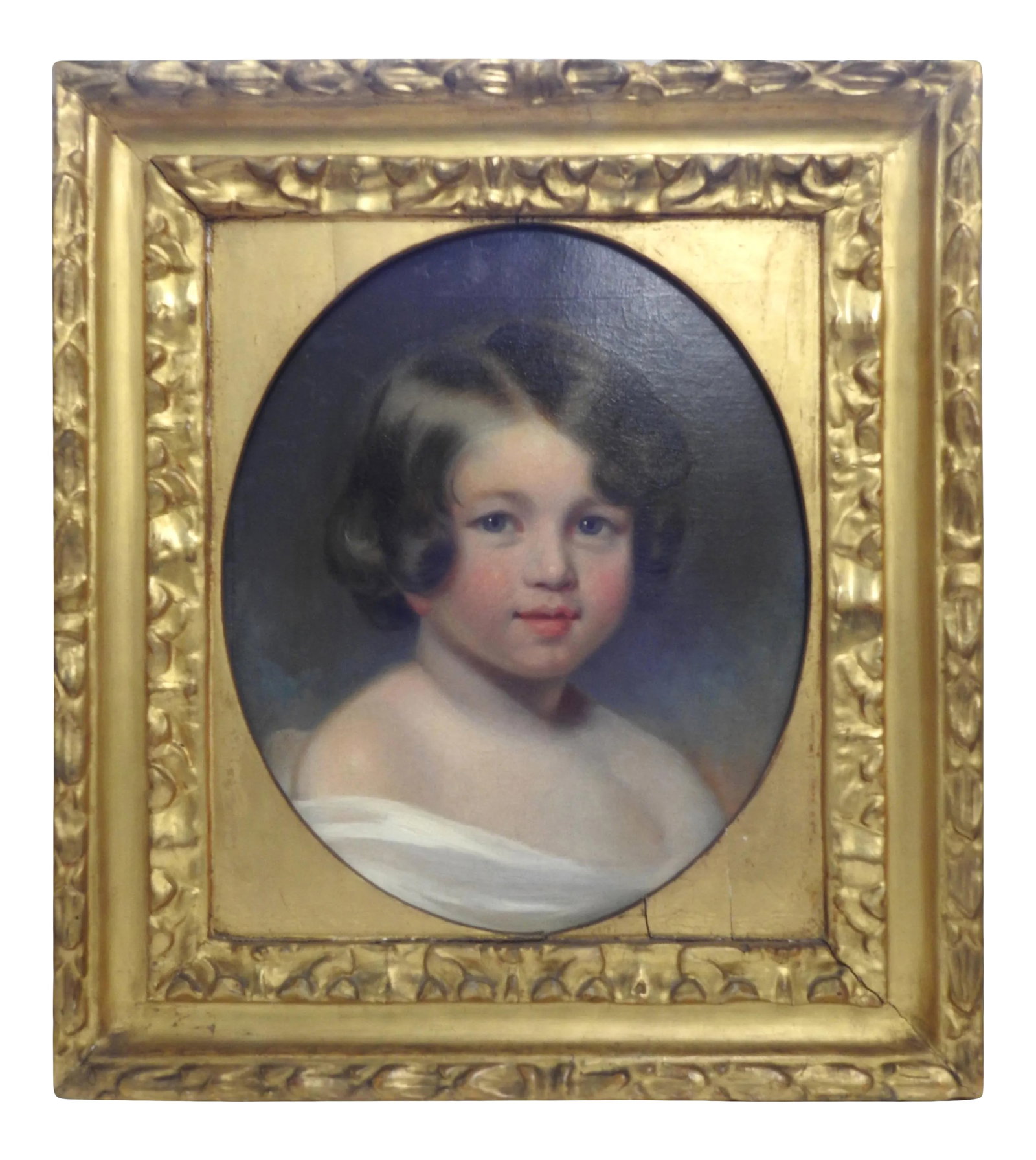 Mid 19th Century Oil on Canvas, Portrait of Sewanee Student: A sweet little girl from the School of Sewanee will be lovely in your home with her nice smile gazing at you. She is hand painted in oil on canvas and is mounted in a giltwood frame. She has been