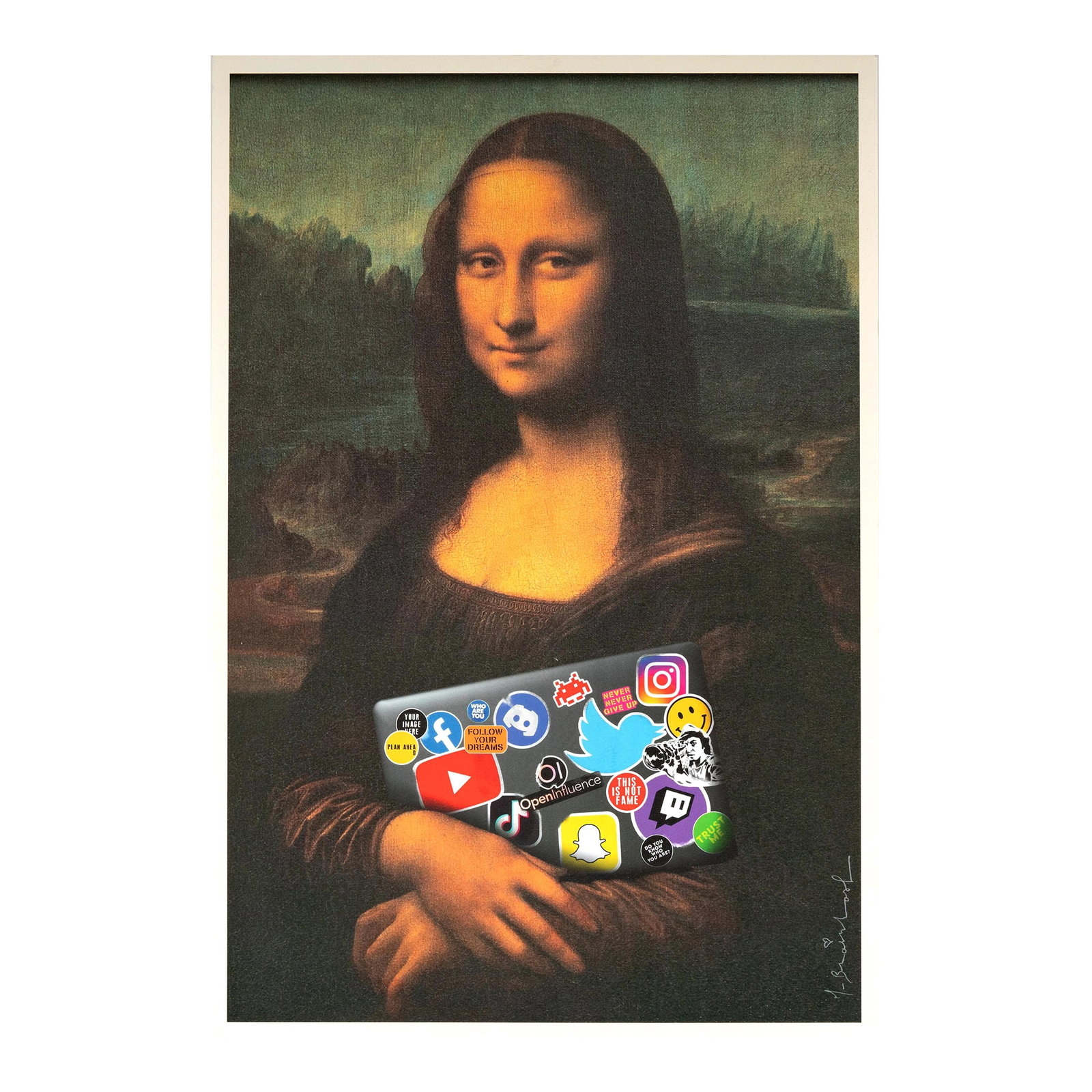 Vintage Original Mr. Brainwash Art Museum Poster: Mona Lisa: Vintage Original Mr. Brainwash Art Museum Poster: Mona Lisa. Photolithograph on paper; signed in the image lower right, stamped to verso "Handle with Care", "Mr. Brainwash Art Museum Oil on Canvas, 20