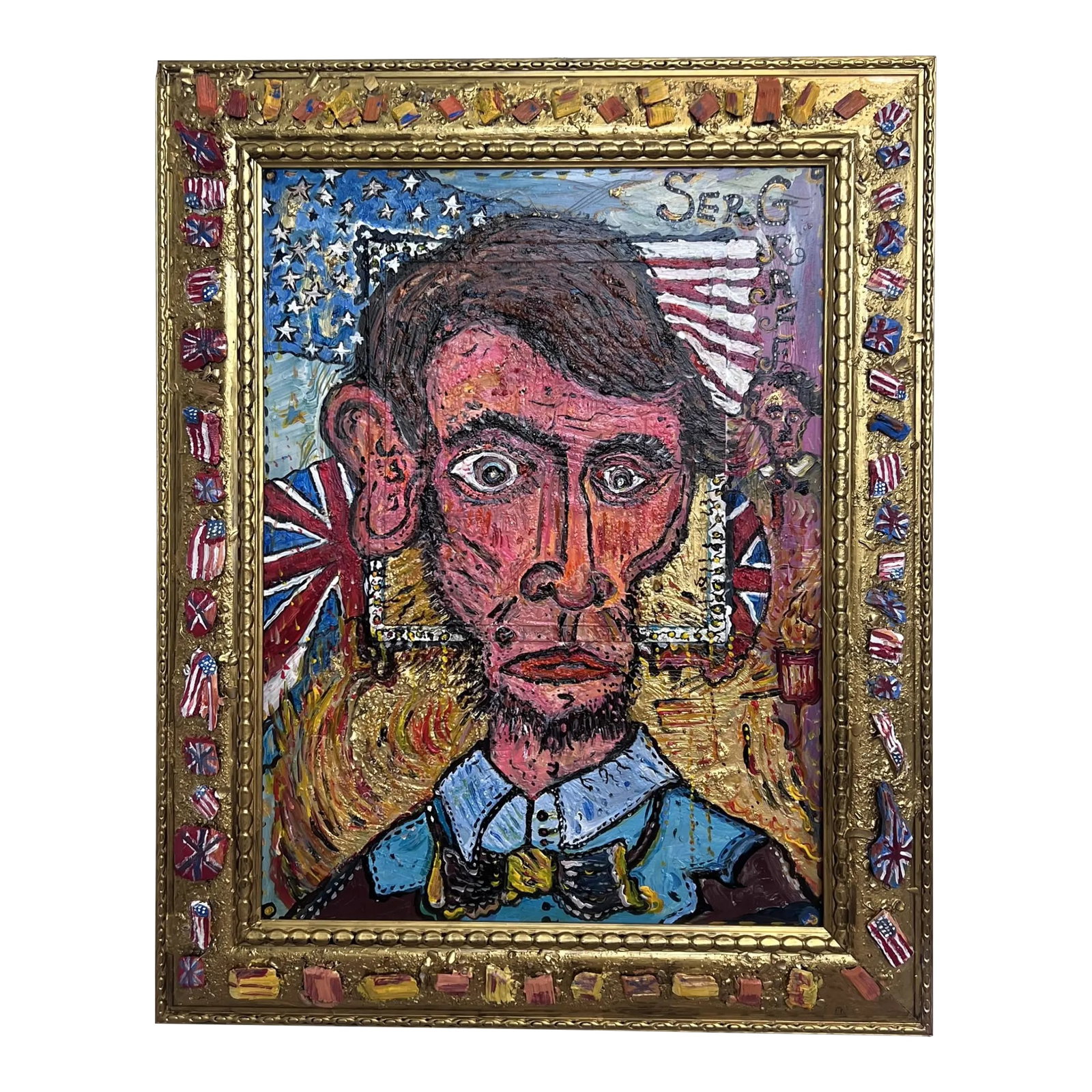 Textured Painting on Canvas by Serg Graff "Portrait of Abraham Lincoln", Coa, Framed: This vivid and rebellious acrylic mixed-media portrait of Abraham Lincoln transforms the iconic president into a surreal, expressive figure bursting with color and symbolism. Rendered in an