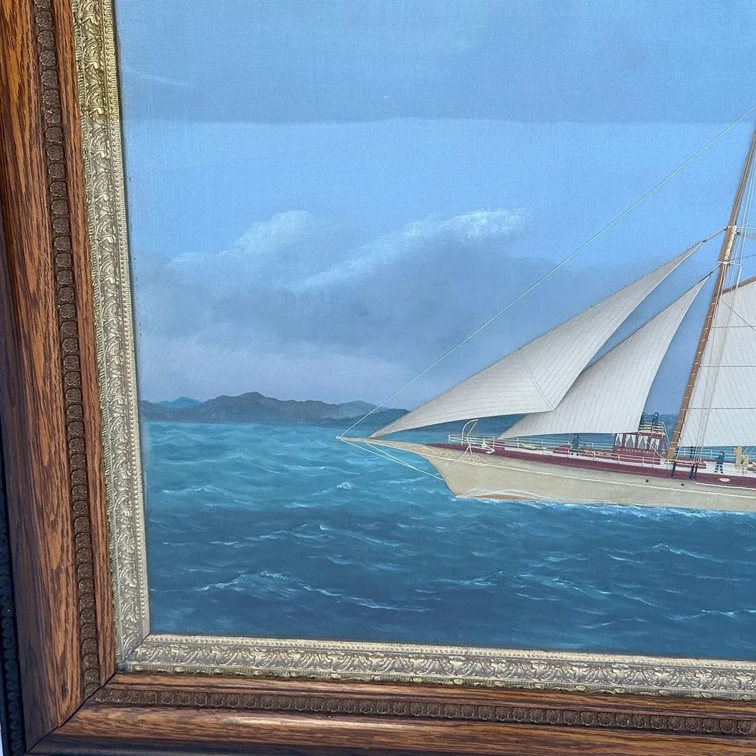 Thomas H. Willis Oil and Silk Needlework Painting, Golden Rod Steam Yacht Portrait - 3