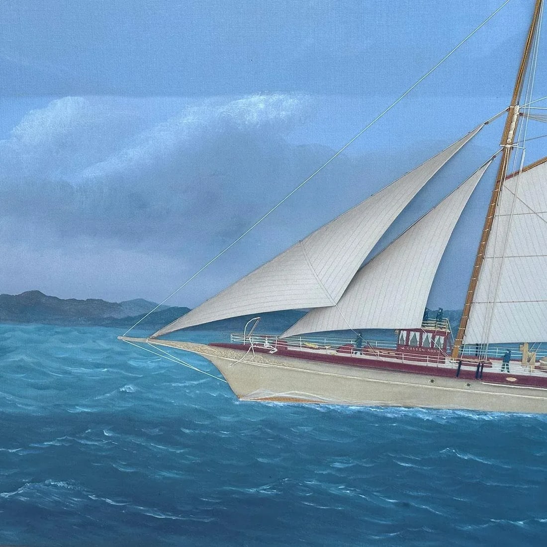 Thomas H. Willis Oil and Silk Needlework Painting, Golden Rod Steam Yacht Portrait - 9
