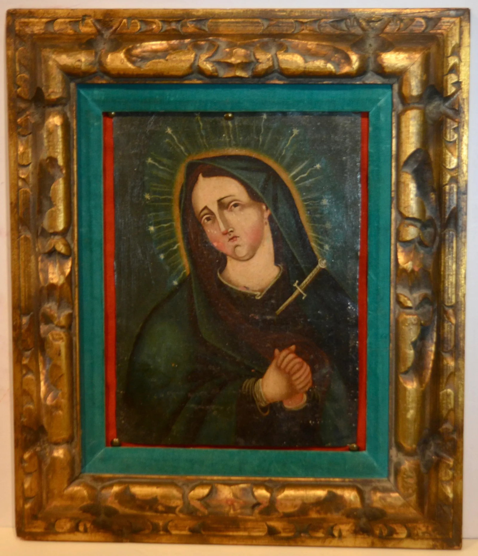 Antique Mexican Colonial Retablo Oil on Tin Our Lady of Sorrow - 2