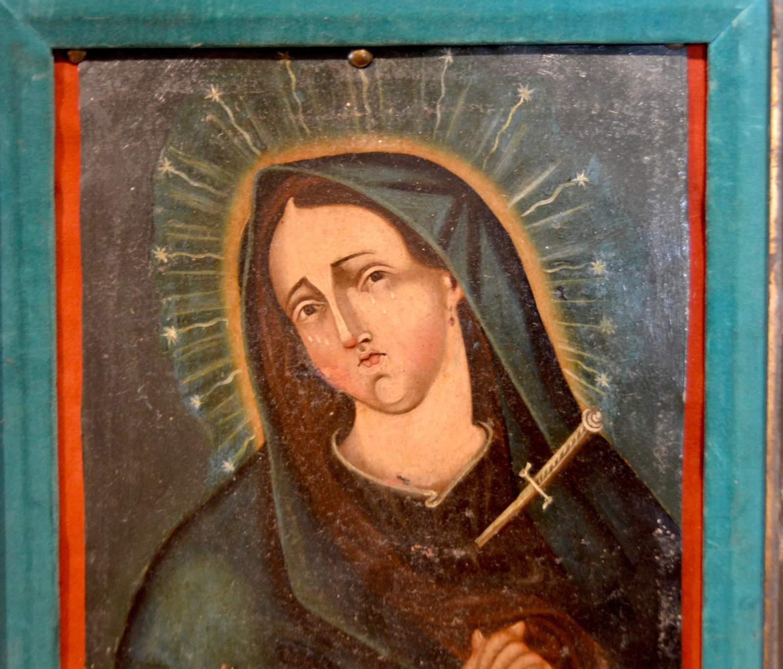 Antique Mexican Colonial Retablo Oil on Tin Our Lady of Sorrow - 3