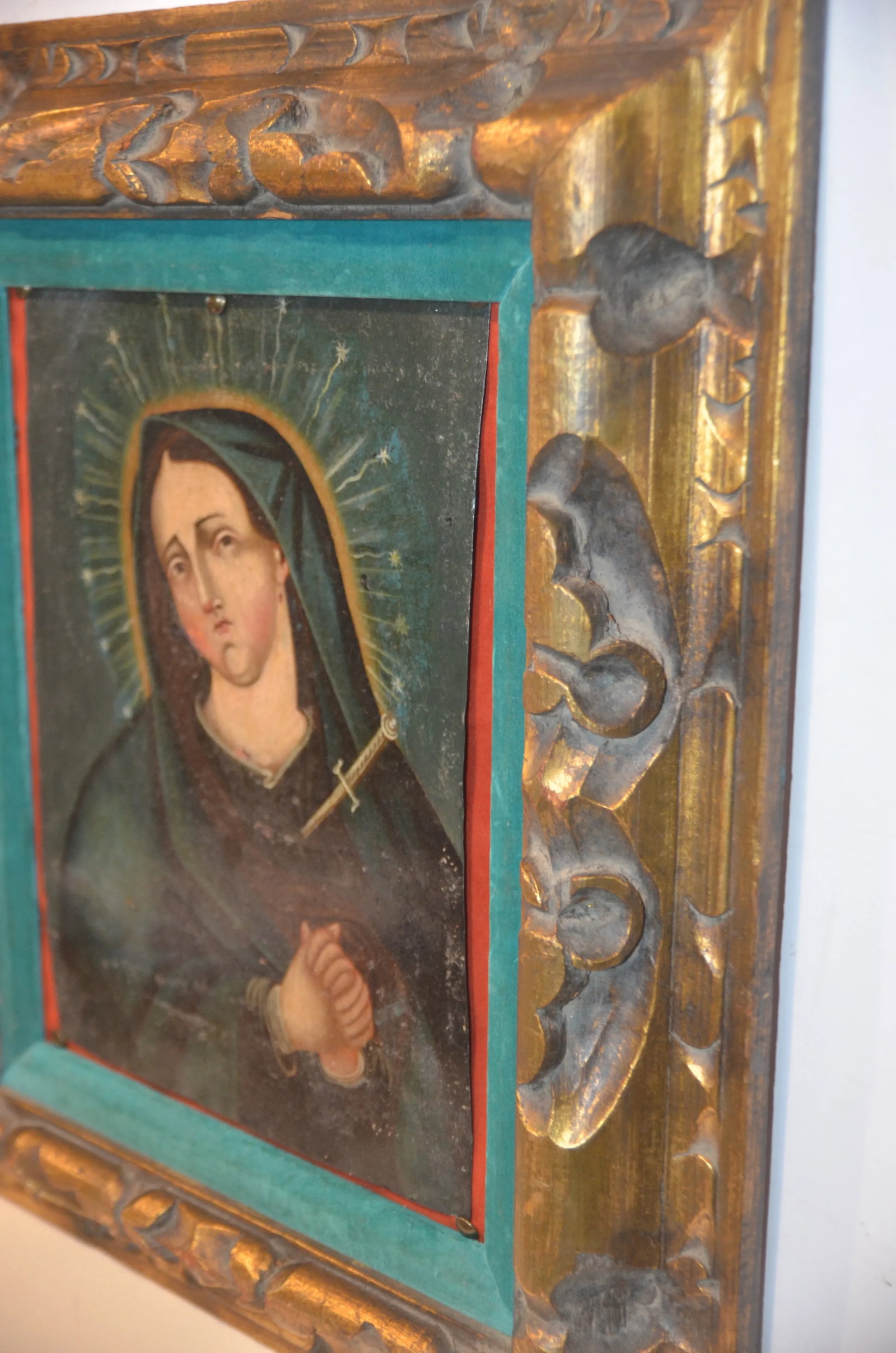 Antique Mexican Colonial Retablo Oil on Tin Our Lady of Sorrow - 4