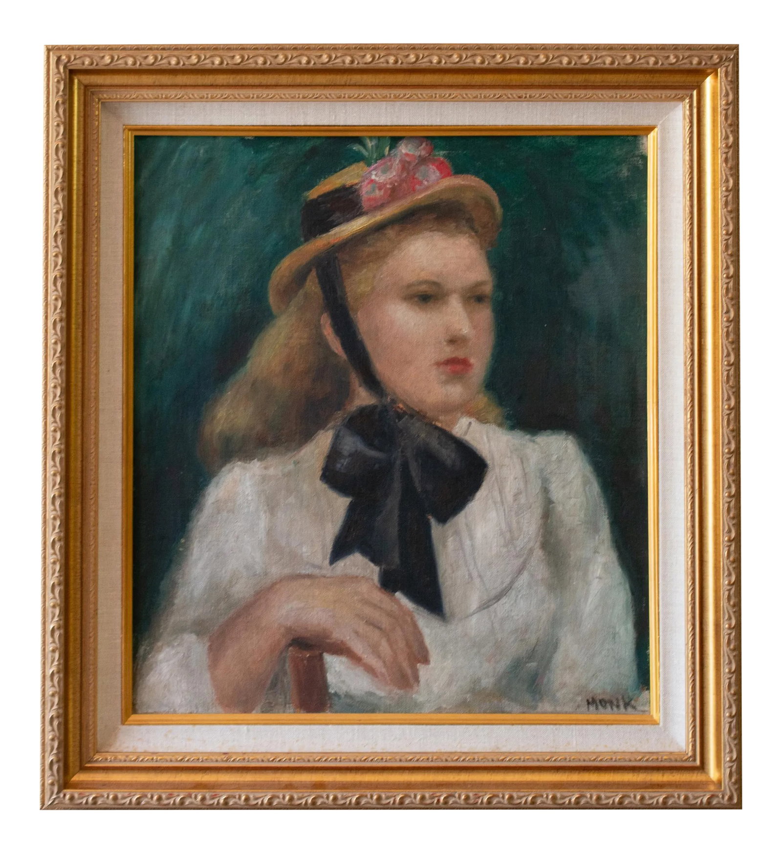 Antique Original Young Lady Portrait Oil Painting in Gilded Frame: Original oil painting in gilt wood frame of a young woman. The background is a deep emerald with tinge of teal. The frame is matted in linen. Excellent condition no glass overtop no date, but the