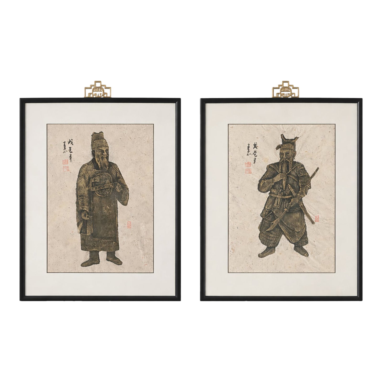 Mid-20th Century Chinese Rubbings - Astronomer & Warrior, After Han Dynasty, a Pair: SALE - TAKE 20% OFF! This elegant pair of vintage mid-20th century Chinese rubbings showcases tomb relief imagery of a Han dynasty (206 BCE - 220 CE) scholar-astronomer and a warrior-general - both