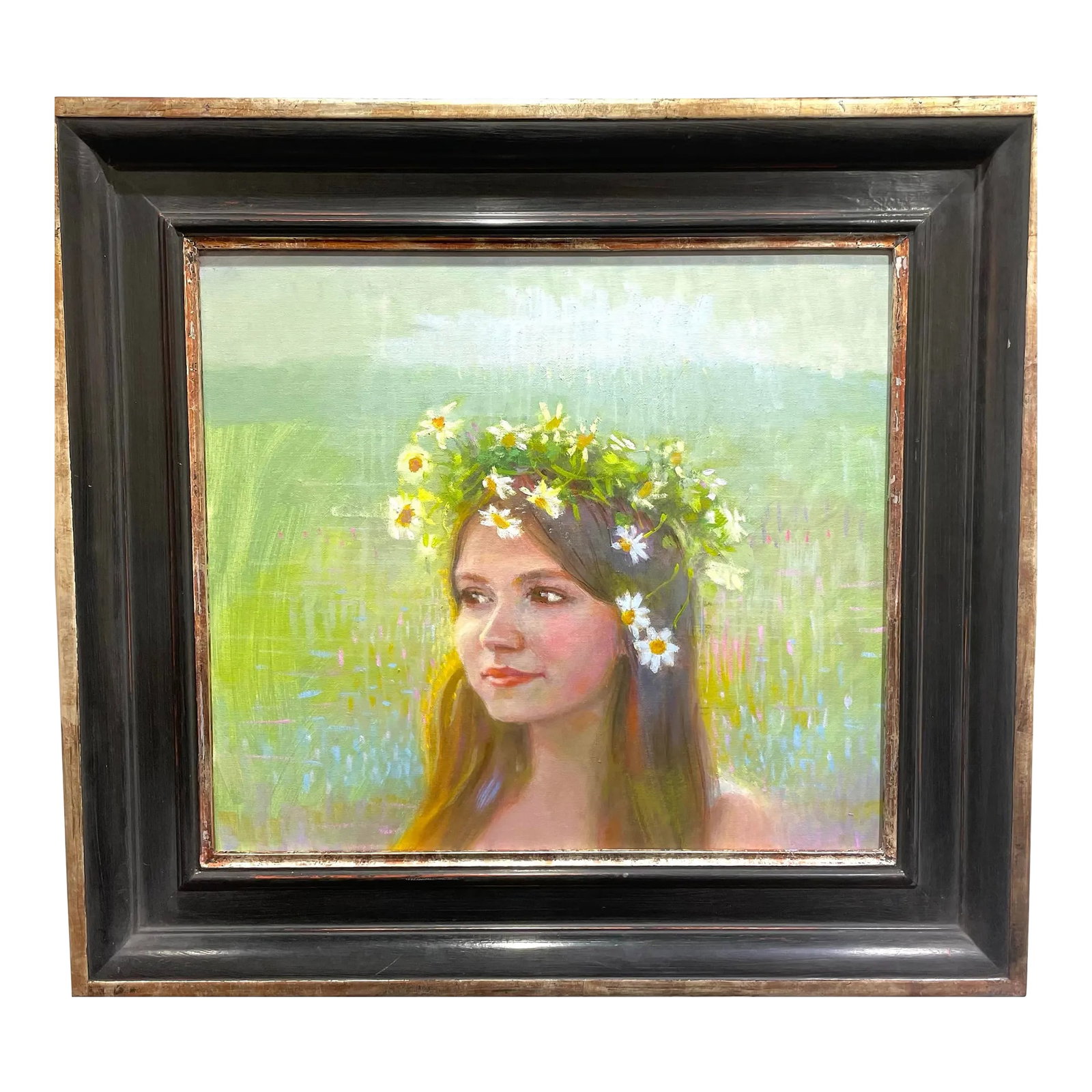 Tom Wise Oil on Canvas Painting "Girl With Daisy Garland": A charming portrait of a young girl crowned with a garland of daisies against an Impressionist background, by well-regarded British painter Tom Wise. Condition: Imperfections: No Imperfections