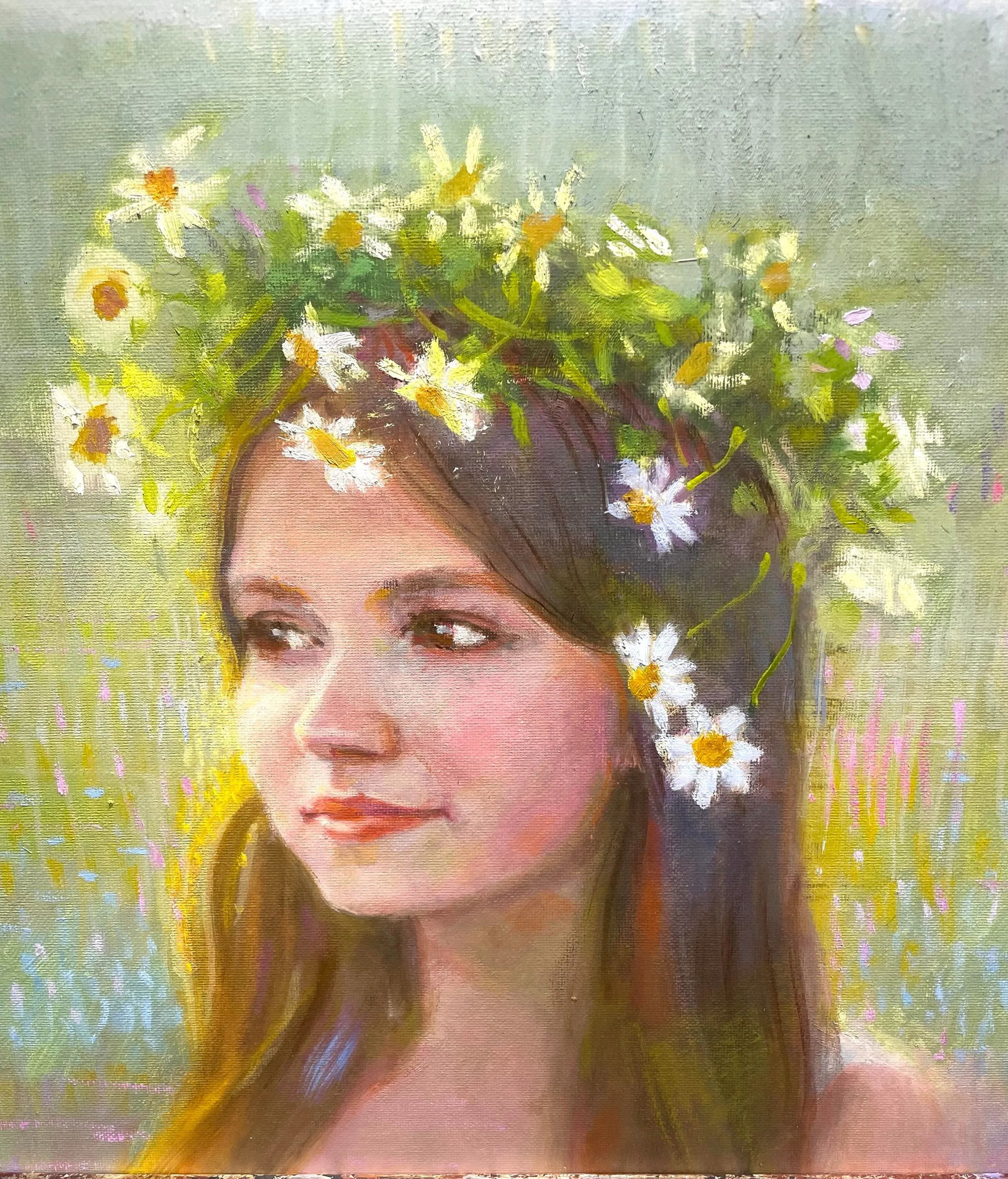 Tom Wise Oil on Canvas Painting "Girl With Daisy Garland" - 2