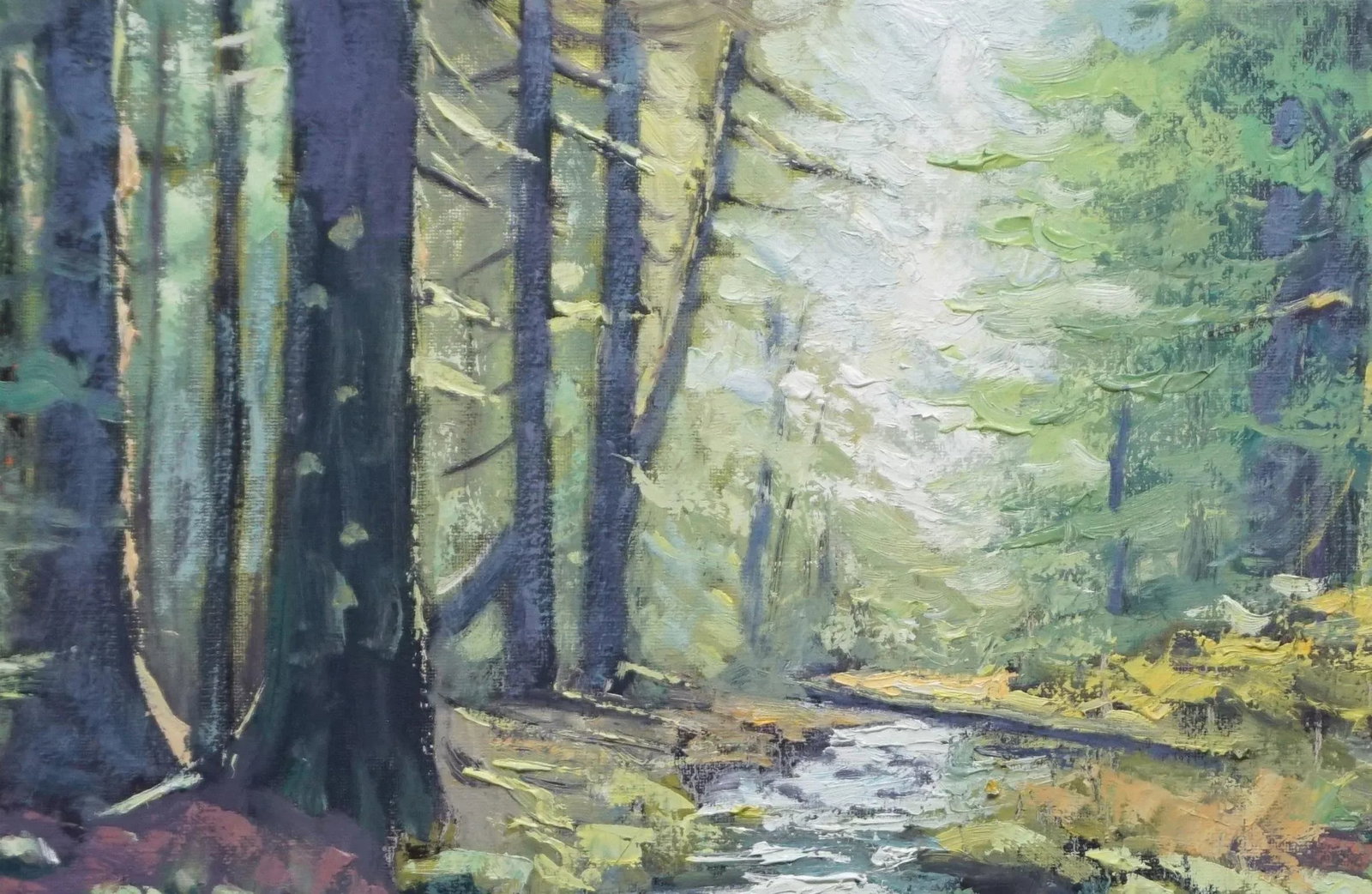 Sean Wu Original Oil Painting, a Stream in the Forest - 2