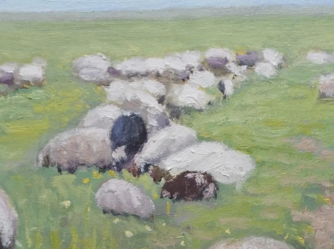 Sean Wu Original Oil Painting, Sheep Resting on Green Pasture - 2