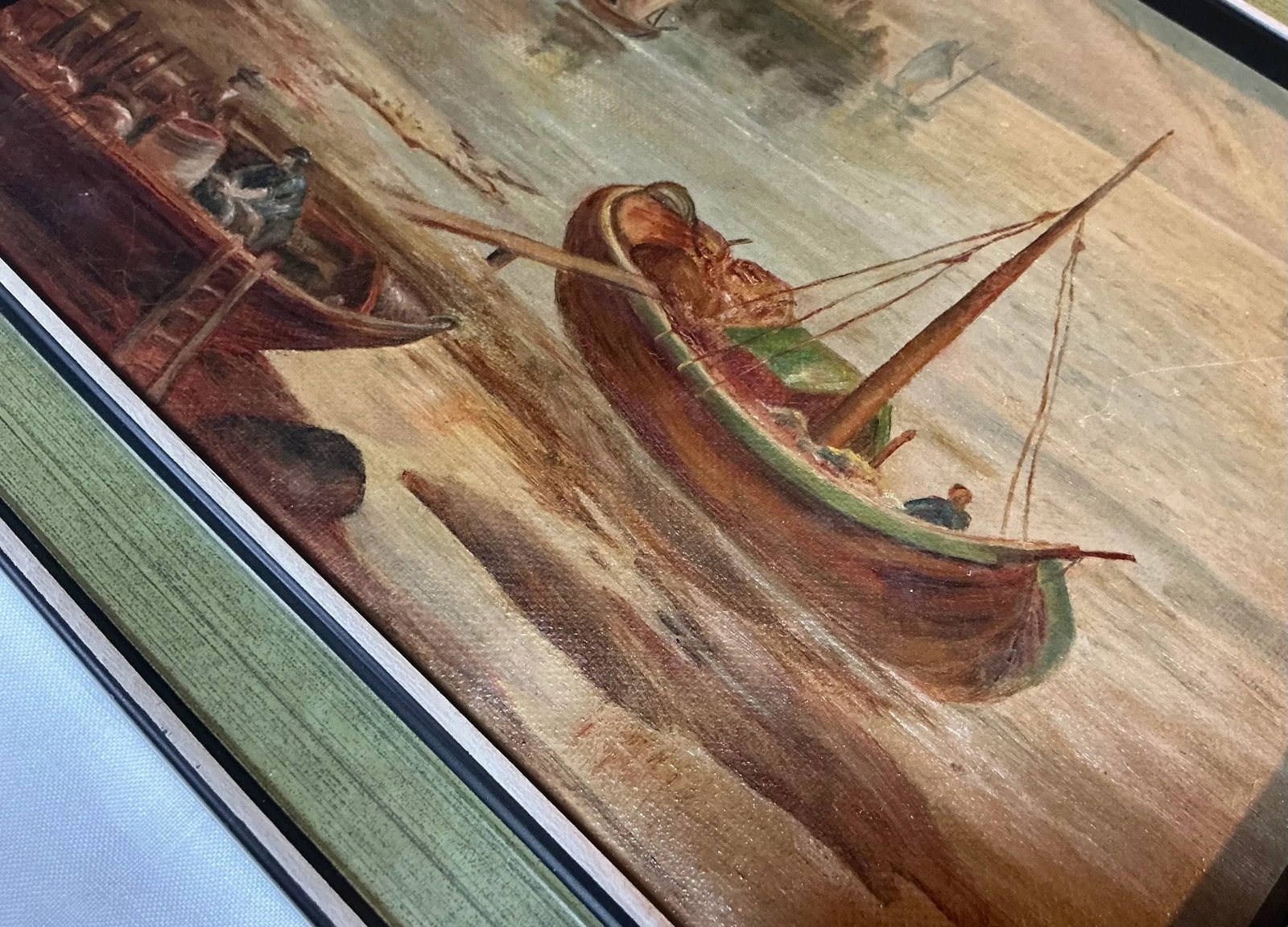 Antique Painting - European Lakeshore With Sailboats - Later 19th / Early 20th C - 2