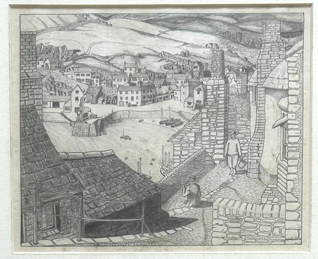 English Pencil Drawing of a Harbor Scene Signed L R Hayward - 2