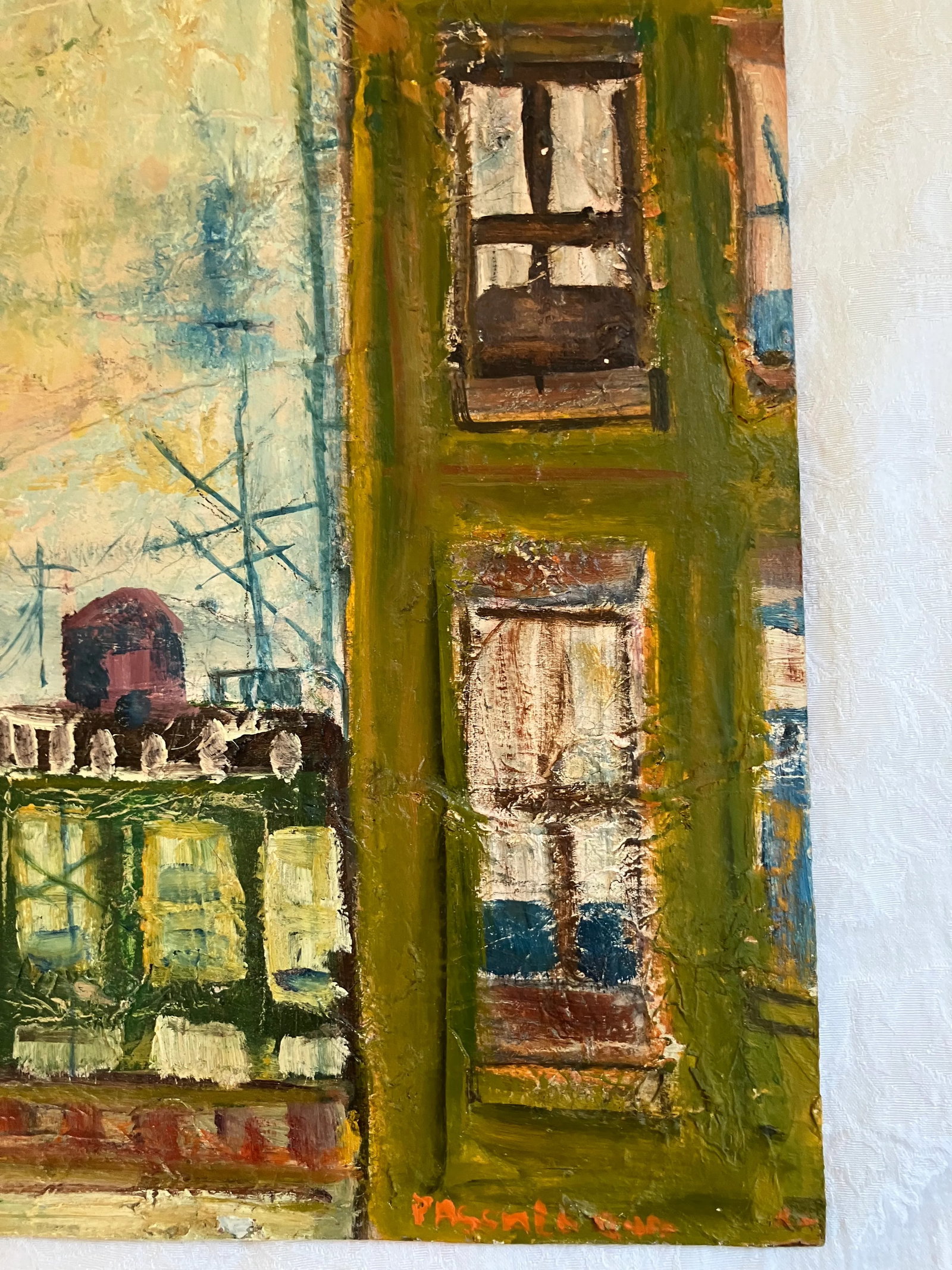 San Francisco Bay Bridge Expressionist Cityscape Oil on Masonite. Signed - 2