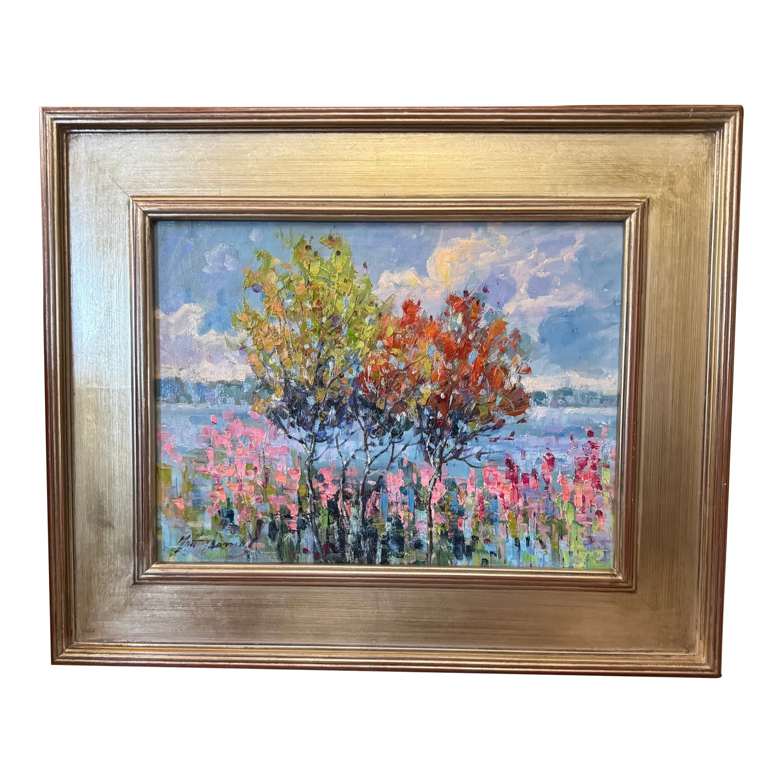 Oil Painitng by Matt Thomas, "Lakeside" Post-Impressionist: Matt Thomas is a career artist who specializes in post-impressionist style oil paintings. His work is beautifully executed and this painting is framed in an expensive gilded frame. Condition: