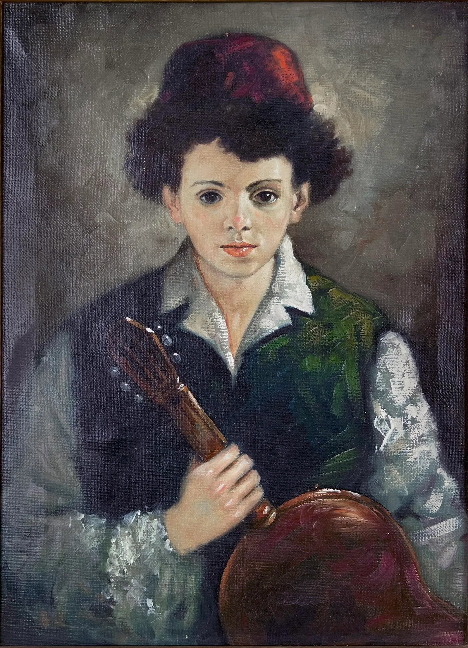 Portrait of Boy and Guitar Original Oil by Angeli - Italy Circa 1960 - 2