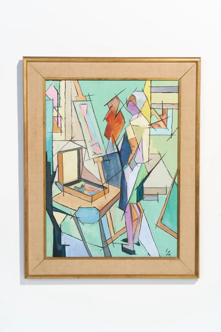 Vintage Mid-Century Cubist Original Signed Painting of Artist in Art Studio - 2